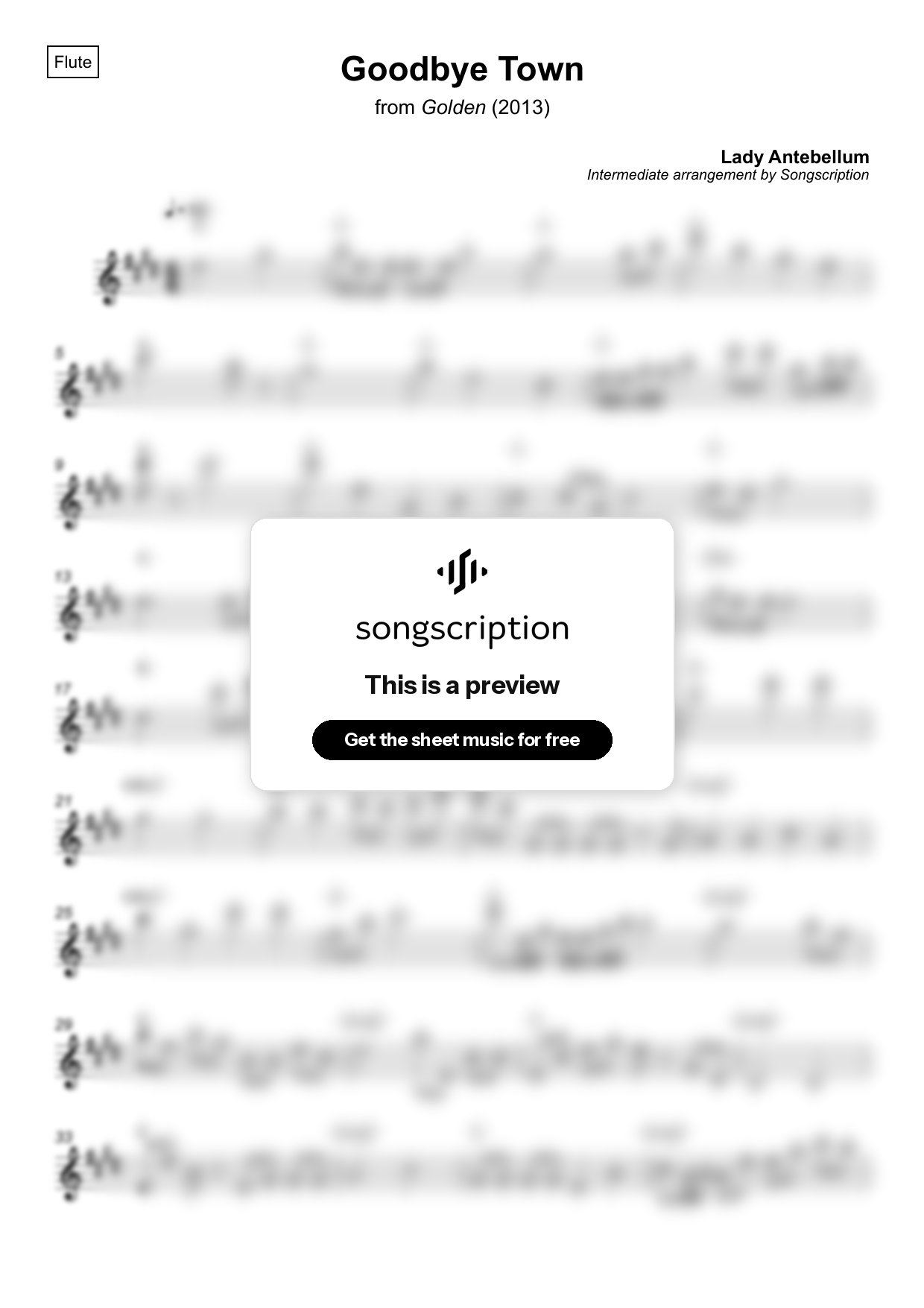 Intermediate Flute Sheet Music for "Goodbye Town" by Lady Antebellum