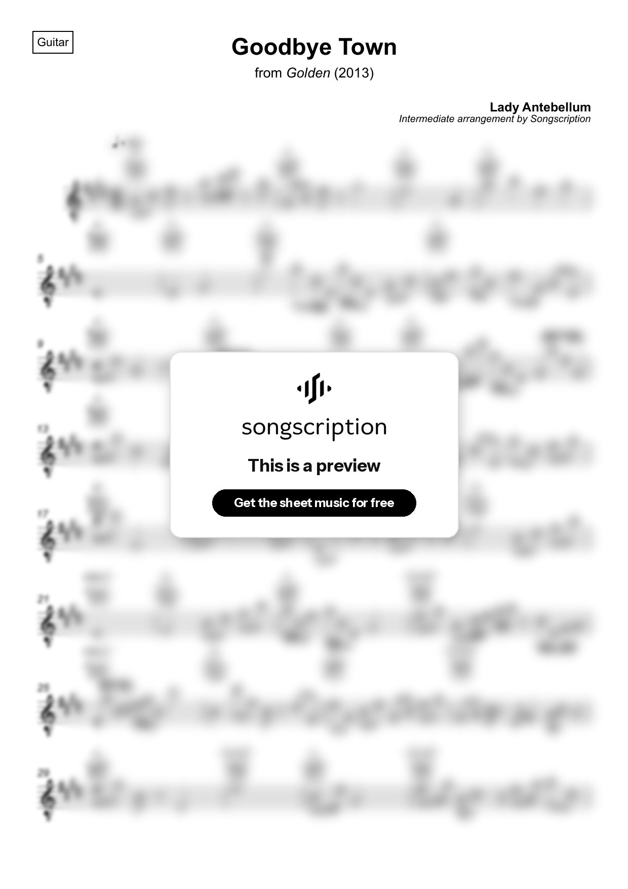 Intermediate Acoustic Guitar Sheet Music for "Goodbye Town" by Lady Antebellum