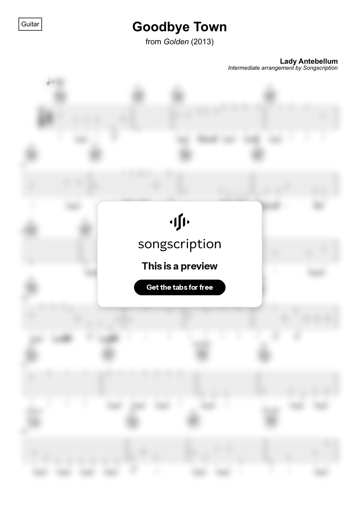 Intermediate Acoustic Guitar Tabs for "Goodbye Town" by Lady Antebellum
