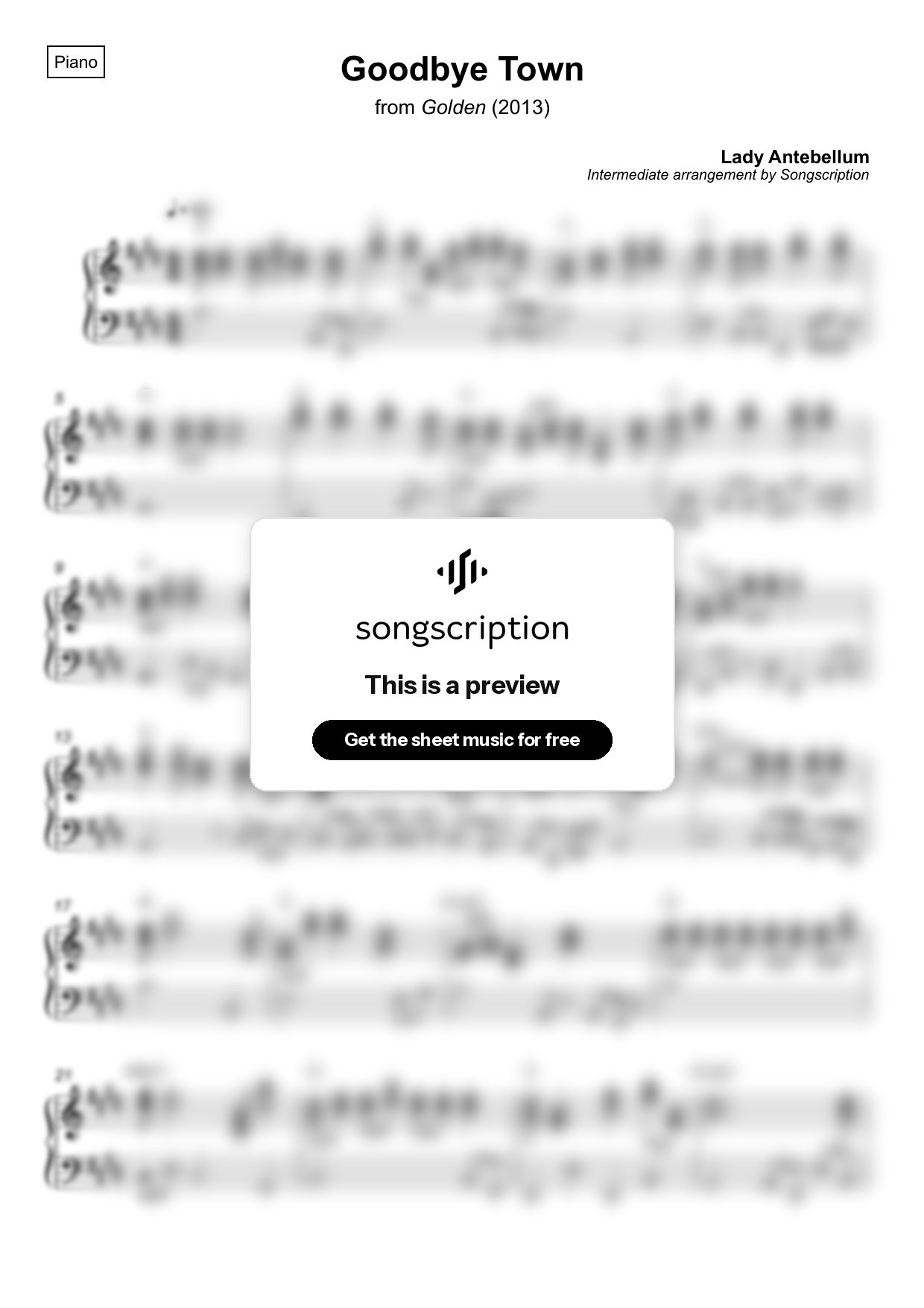 Intermediate Piano Sheet Music for "Goodbye Town" by Lady Antebellum