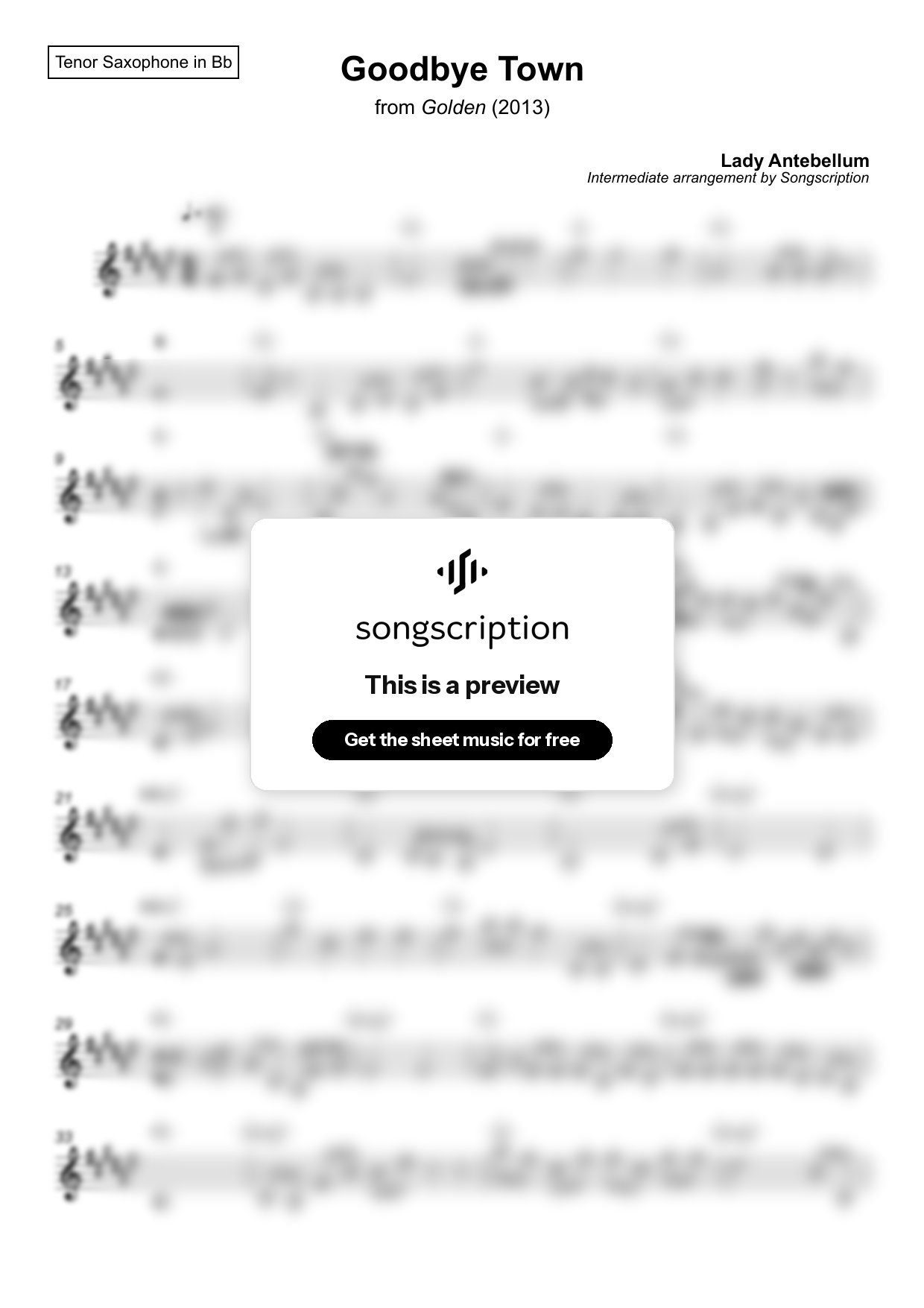 Intermediate Tenor Sax Sheet Music for "Goodbye Town" by Lady Antebellum