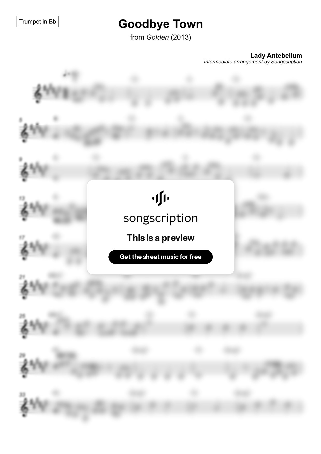 Intermediate Trumpet Sheet Music for "Goodbye Town" by Lady Antebellum