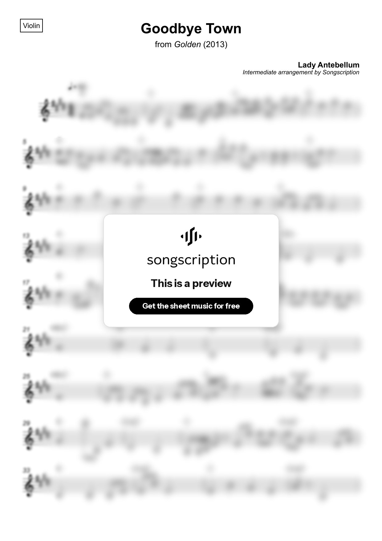 Intermediate Violin Sheet Music for "Goodbye Town" by Lady Antebellum