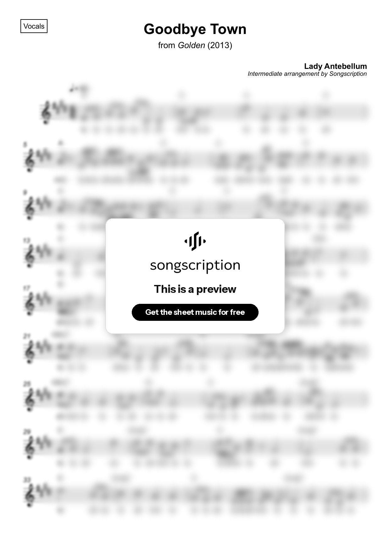 Intermediate Vocals Sheet Music for "Goodbye Town" by Lady Antebellum
