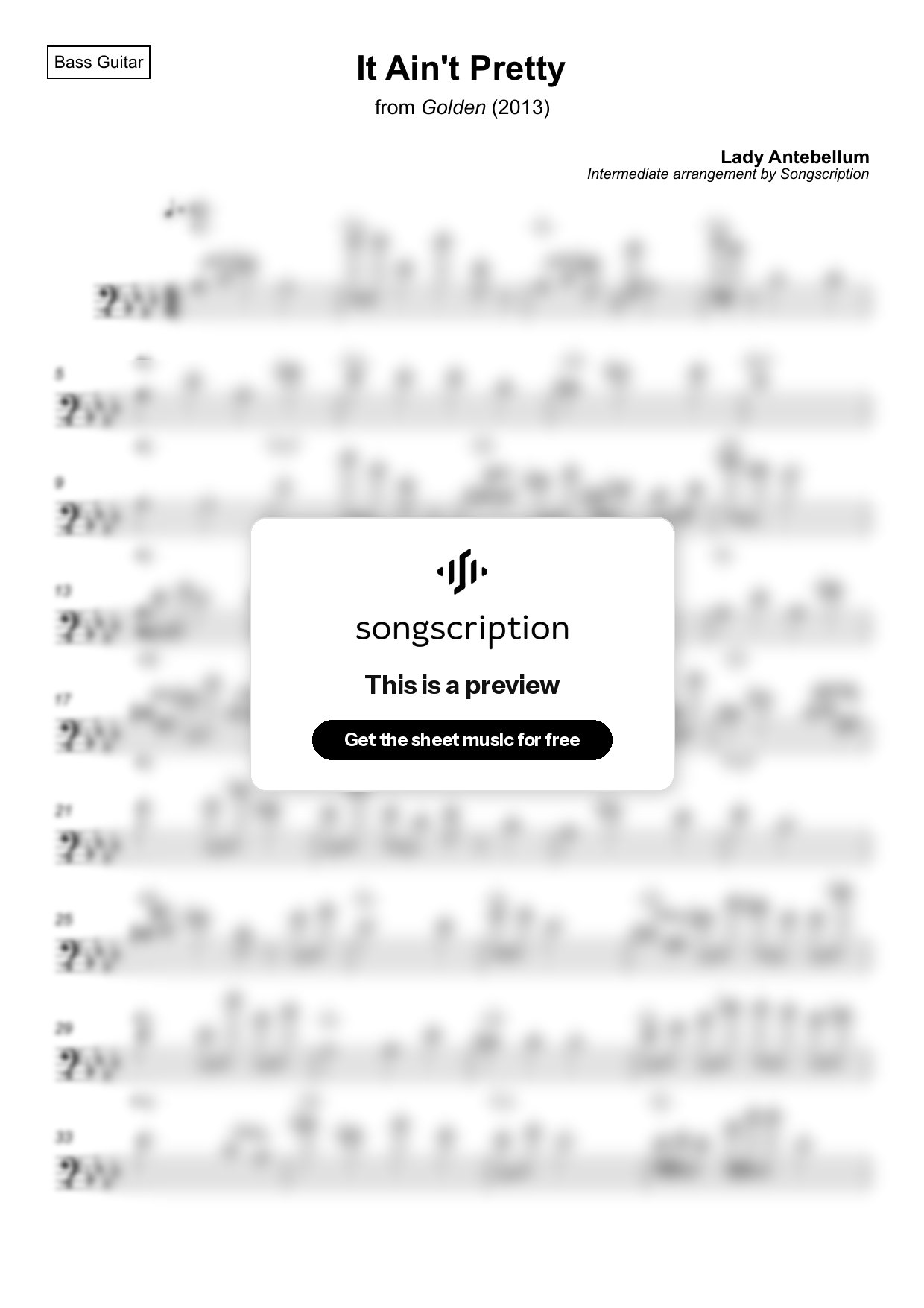 Intermediate Bass Guitar Sheet Music for "It Ain't Pretty" by Lady Antebellum