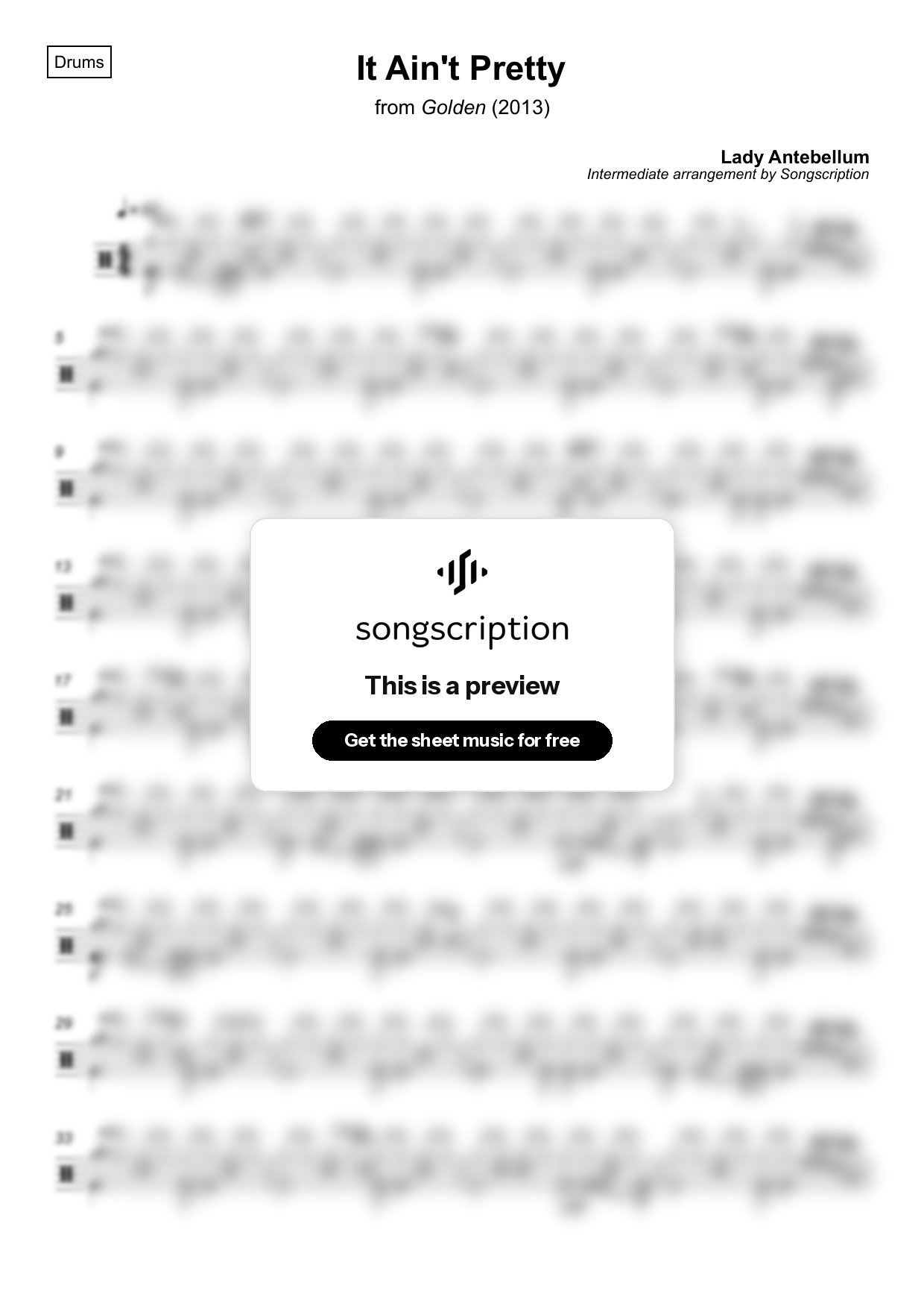 Intermediate Drums Sheet Music for "It Ain't Pretty" by Lady Antebellum