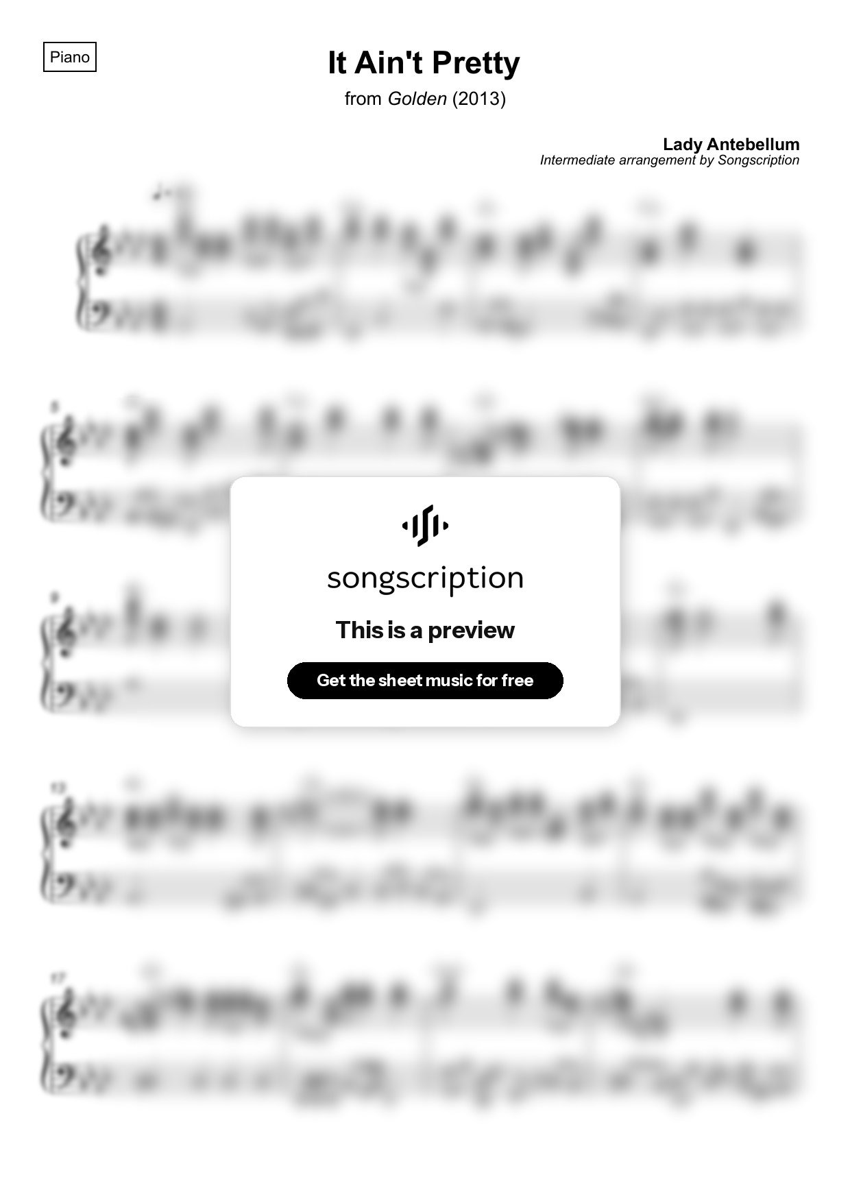 Intermediate Piano Sheet Music for "It Ain't Pretty" by Lady Antebellum