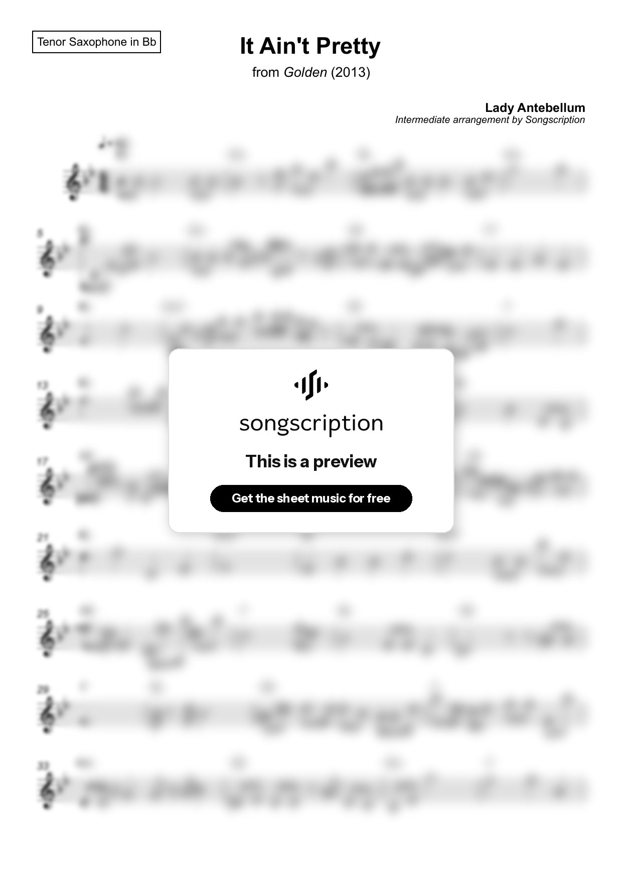 Intermediate Tenor Sax Sheet Music for "It Ain't Pretty" by Lady Antebellum