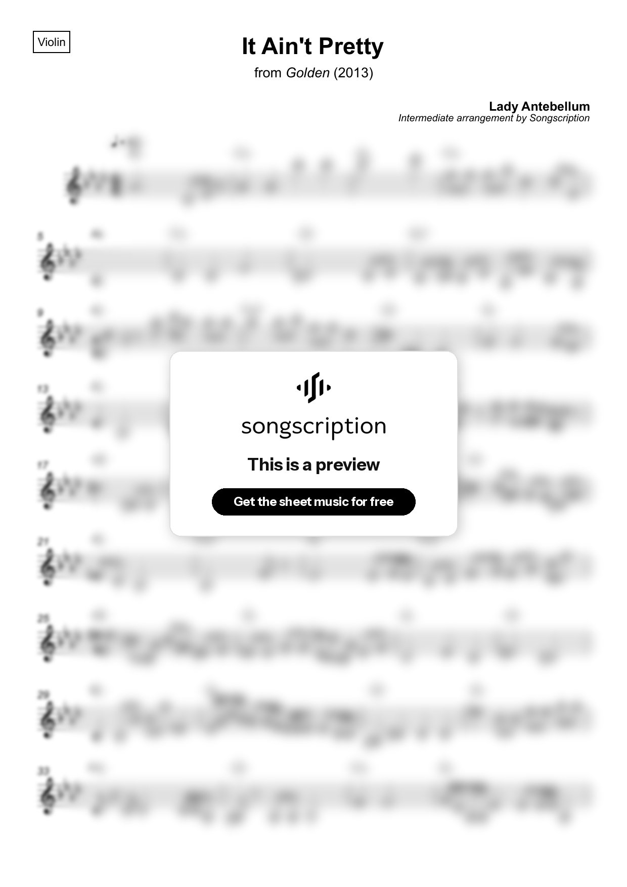 Intermediate Violin Sheet Music for "It Ain't Pretty" by Lady Antebellum