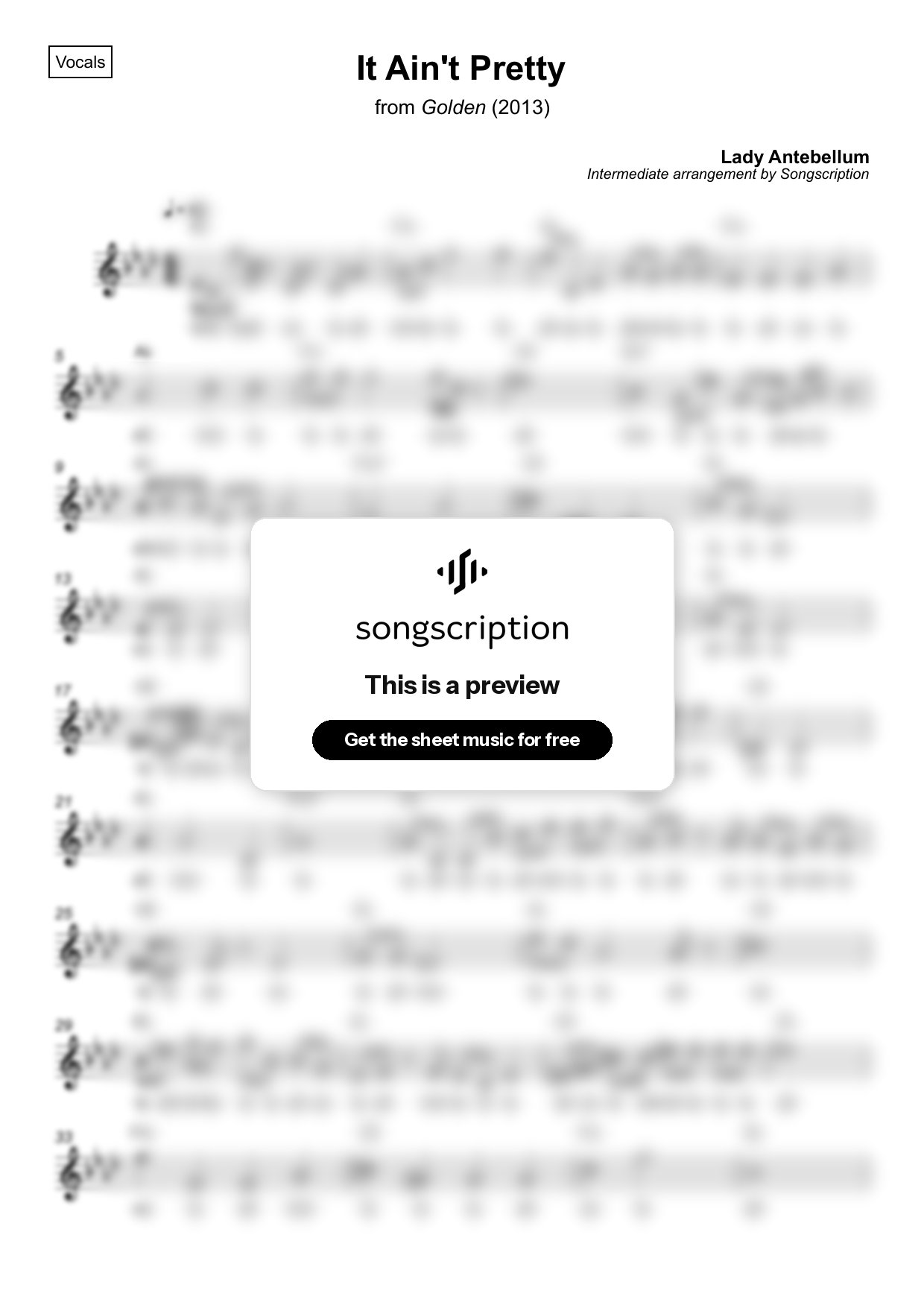 Intermediate Vocals Sheet Music for "It Ain't Pretty" by Lady Antebellum