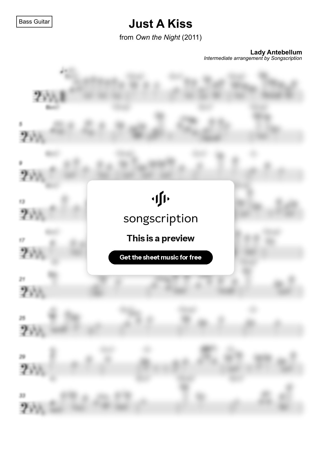 Intermediate Bass Guitar Sheet Music for "Just A Kiss" by Lady Antebellum