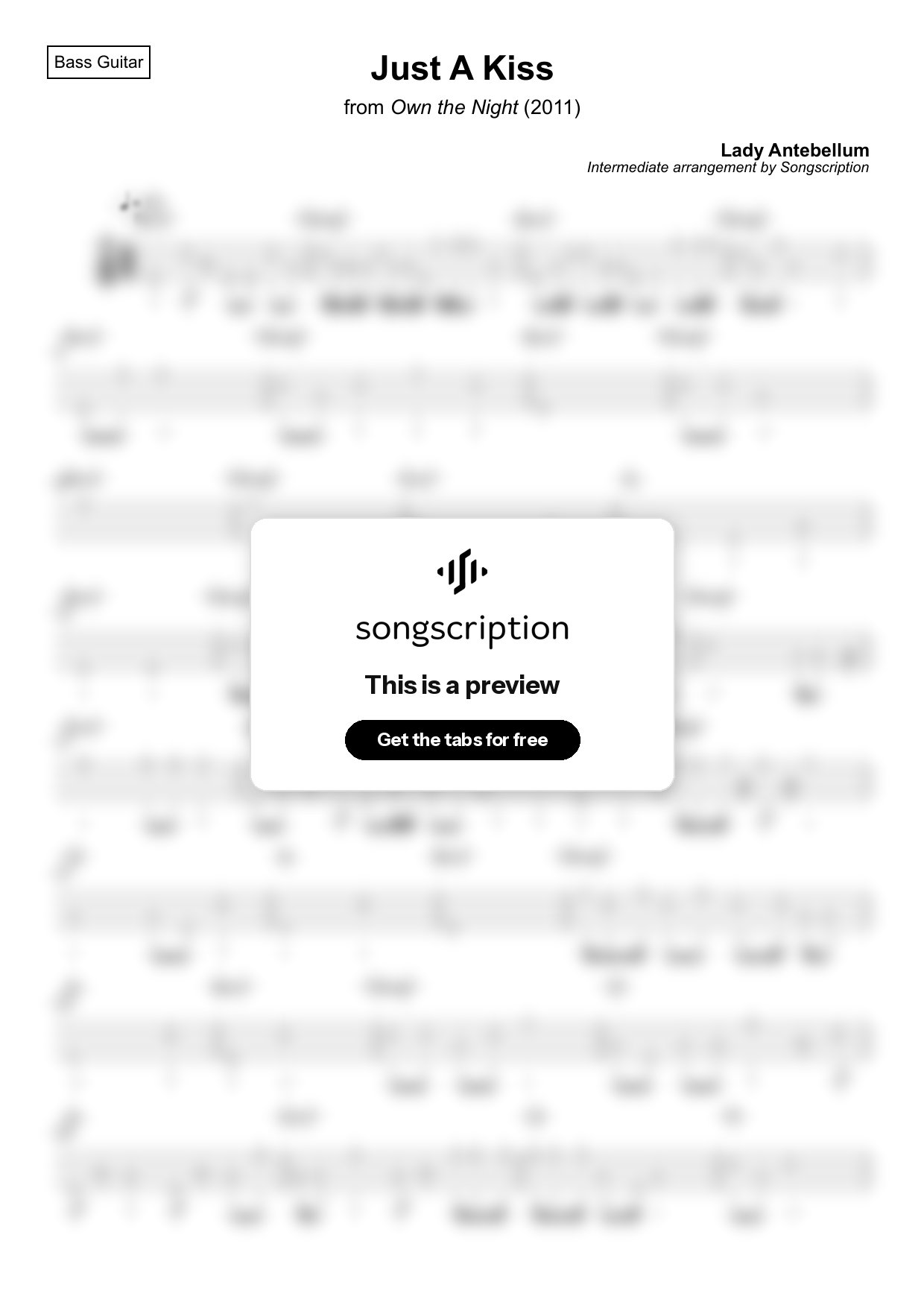 Intermediate Bass Guitar Tabs for "Just A Kiss" by Lady Antebellum