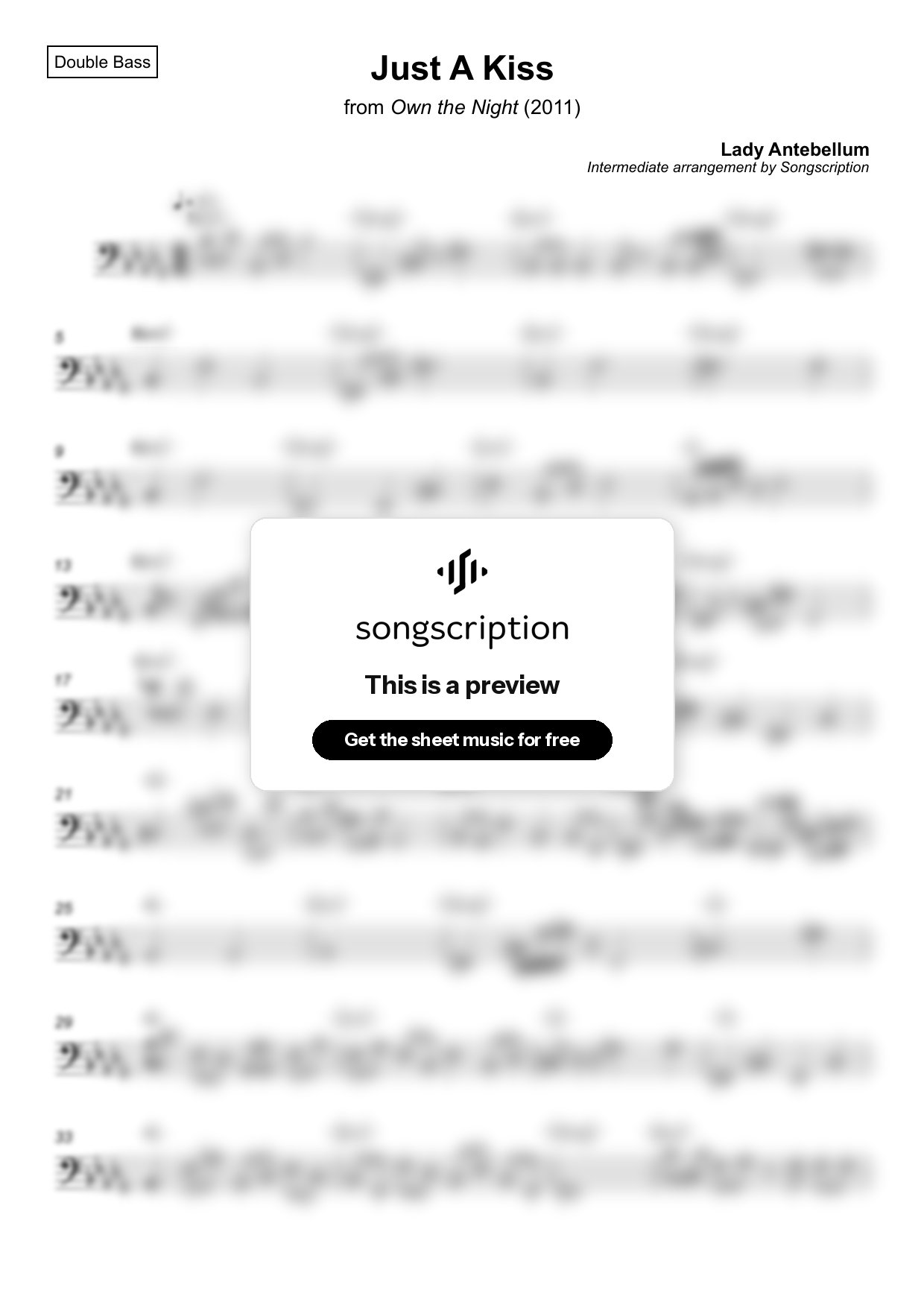 Intermediate Double Bass Sheet Music for "Just A Kiss" by Lady Antebellum