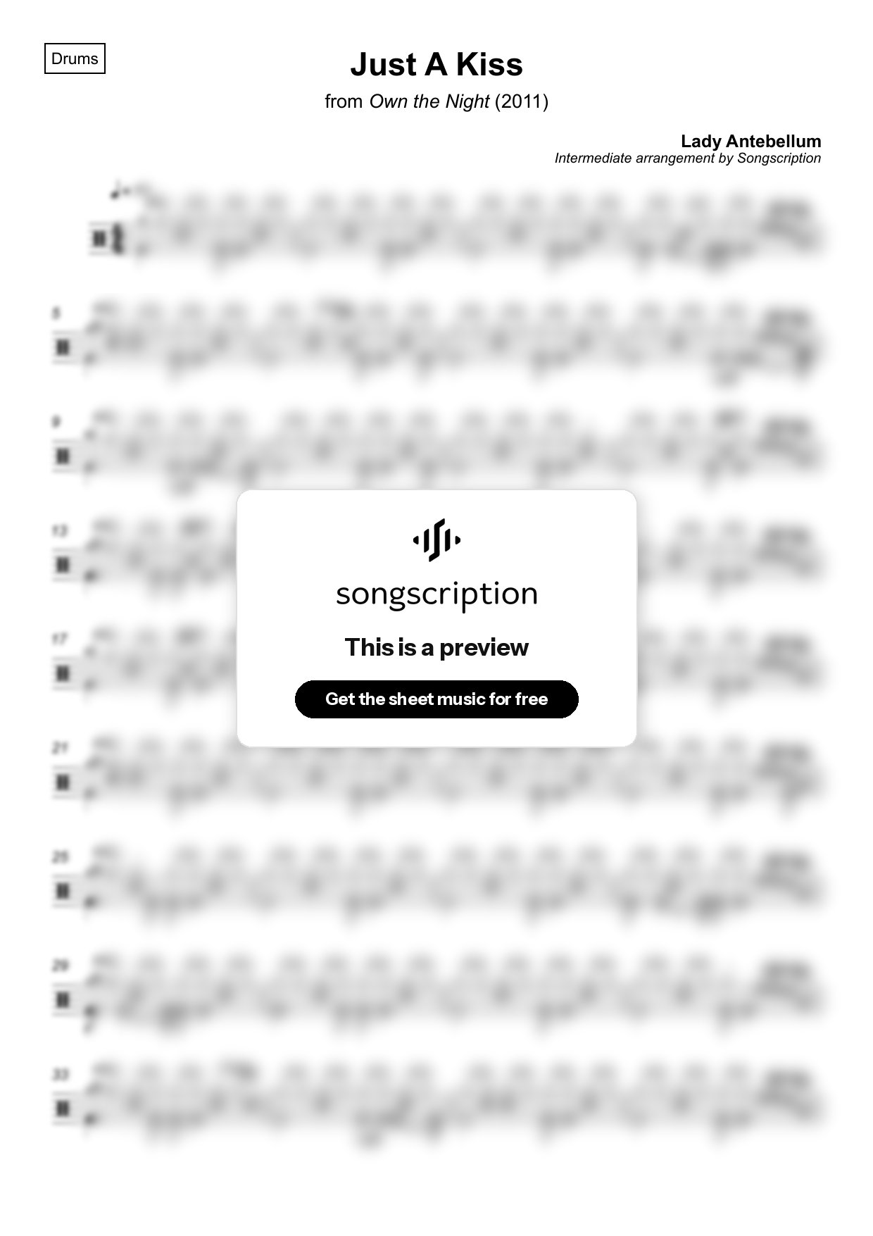 Intermediate Drums Sheet Music for "Just A Kiss" by Lady Antebellum