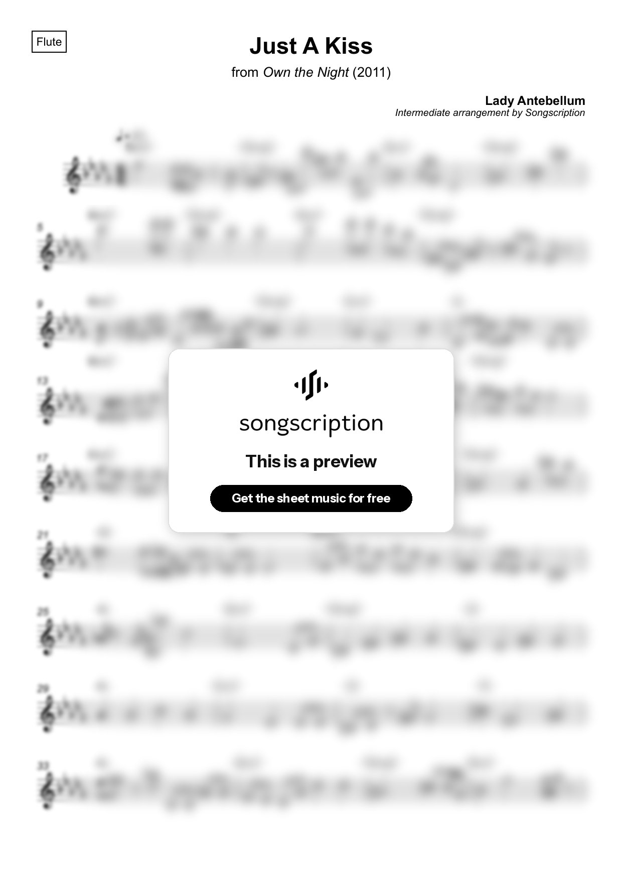 Intermediate Flute Sheet Music for "Just A Kiss" by Lady Antebellum