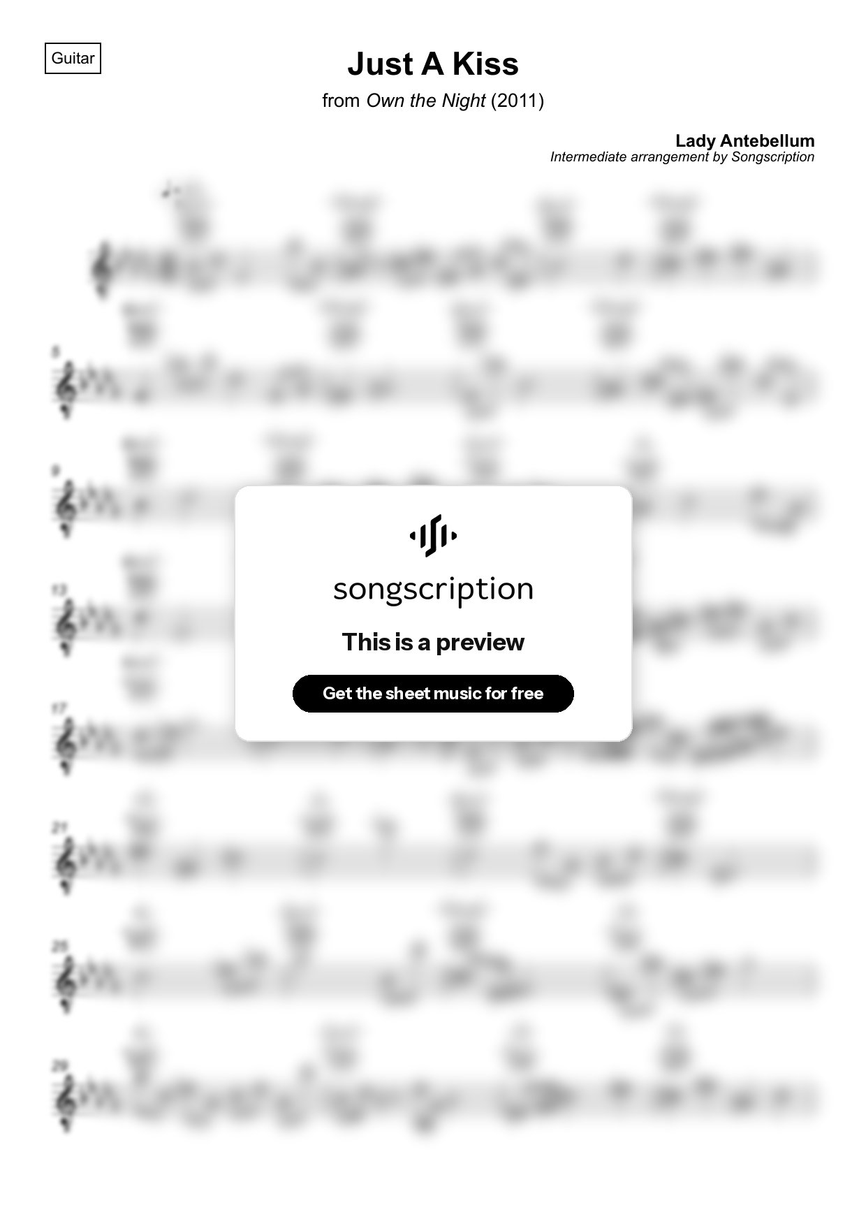Intermediate Acoustic Guitar Sheet Music for "Just A Kiss" by Lady Antebellum