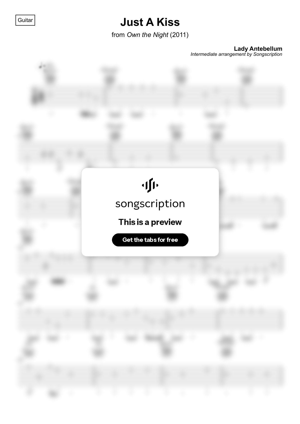 Intermediate Acoustic Guitar Tabs for "Just A Kiss" by Lady Antebellum