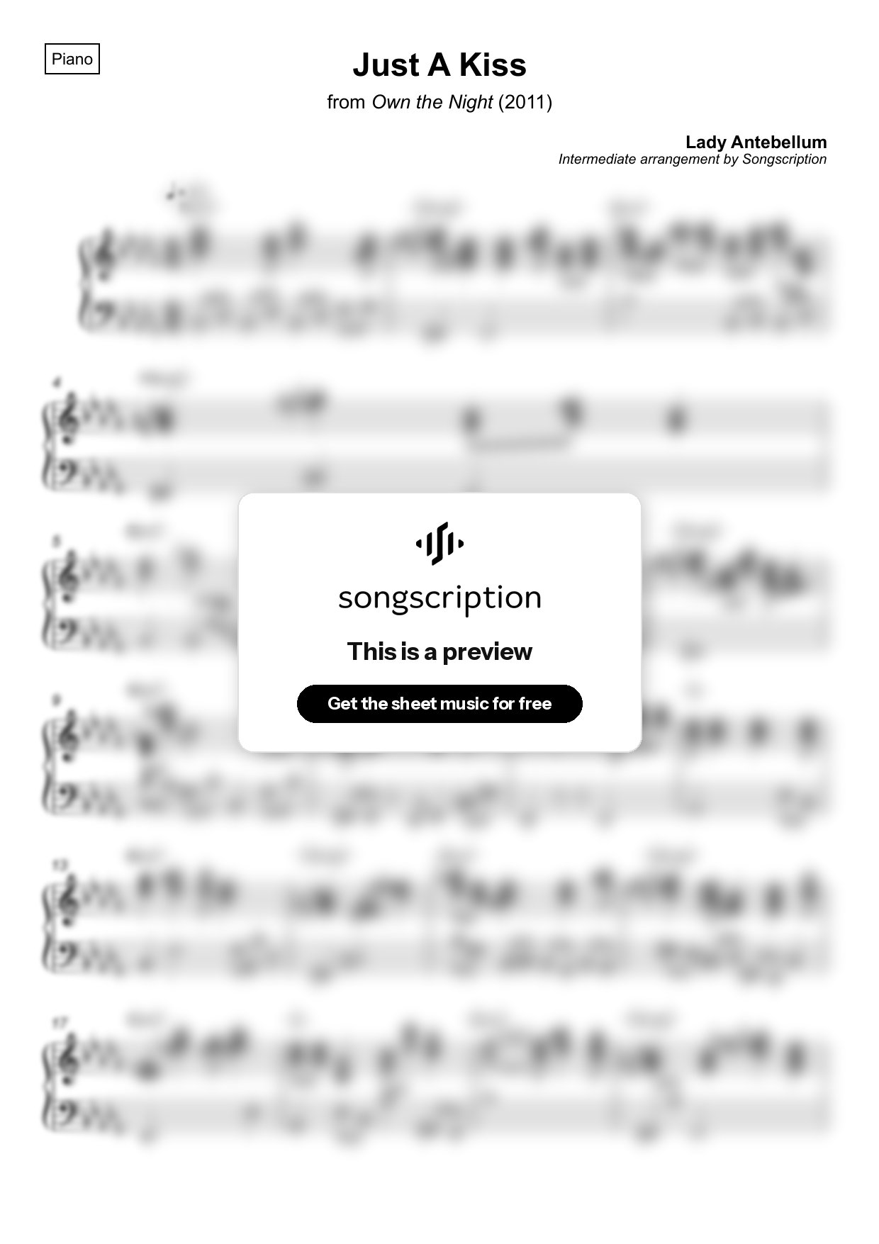 Intermediate Piano Sheet Music for "Just A Kiss" by Lady Antebellum