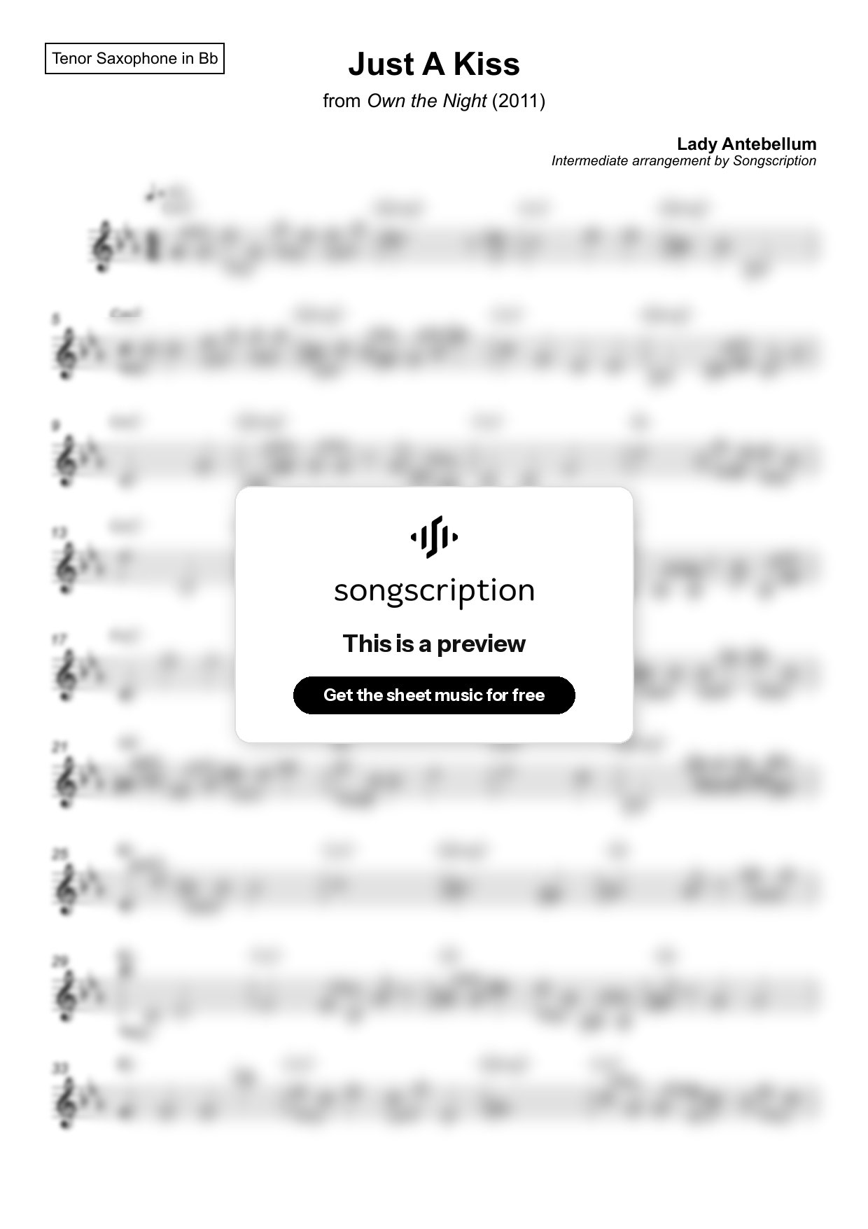 Intermediate Tenor Sax Sheet Music for "Just A Kiss" by Lady Antebellum