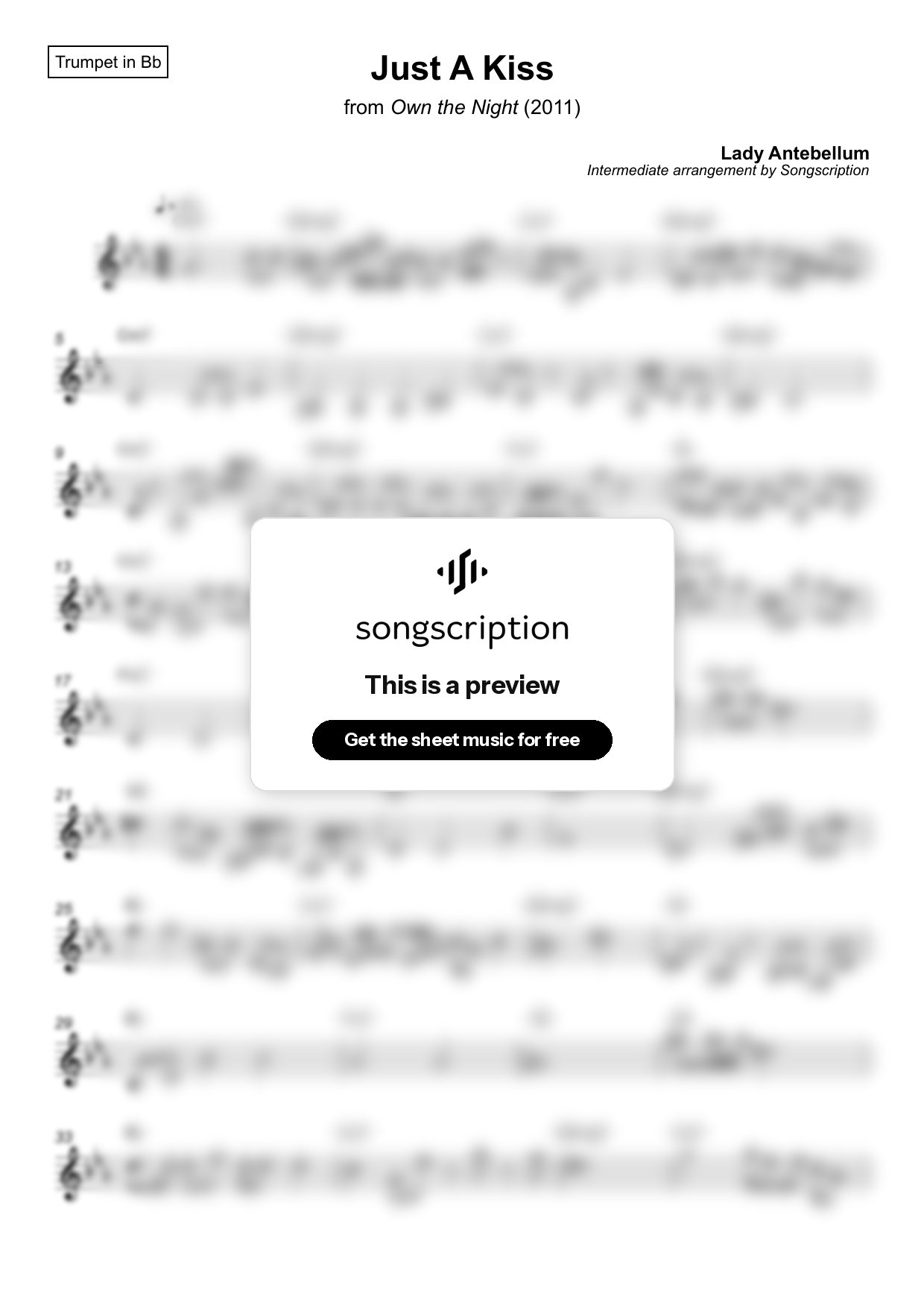 Intermediate Trumpet Sheet Music for "Just A Kiss" by Lady Antebellum