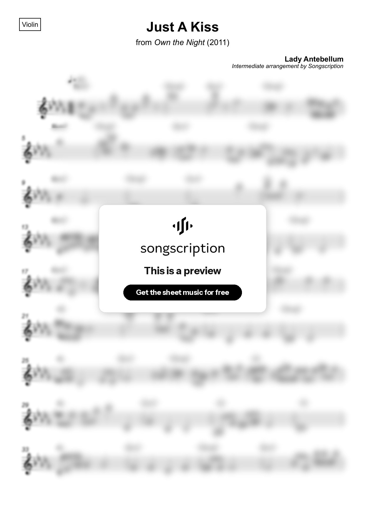 Intermediate Violin Sheet Music for "Just A Kiss" by Lady Antebellum