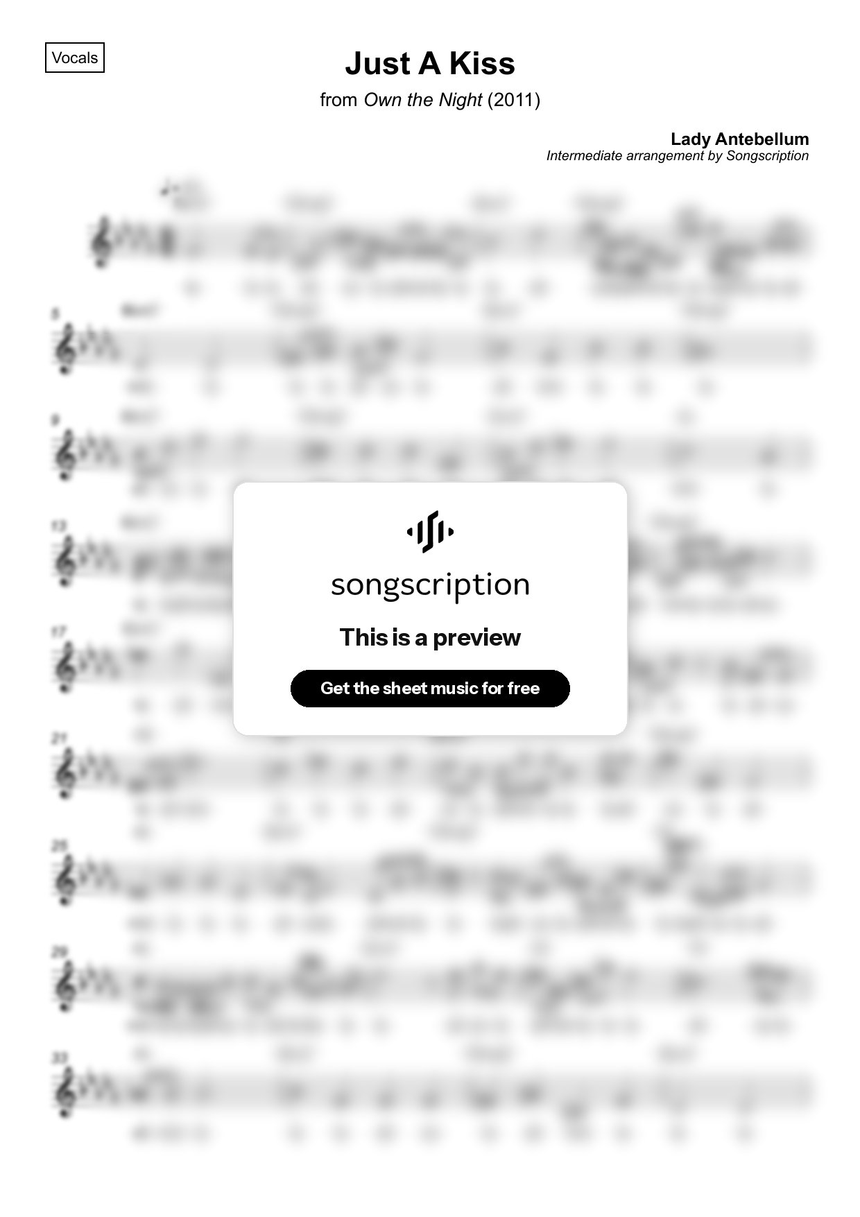Intermediate Vocals Sheet Music for "Just A Kiss" by Lady Antebellum