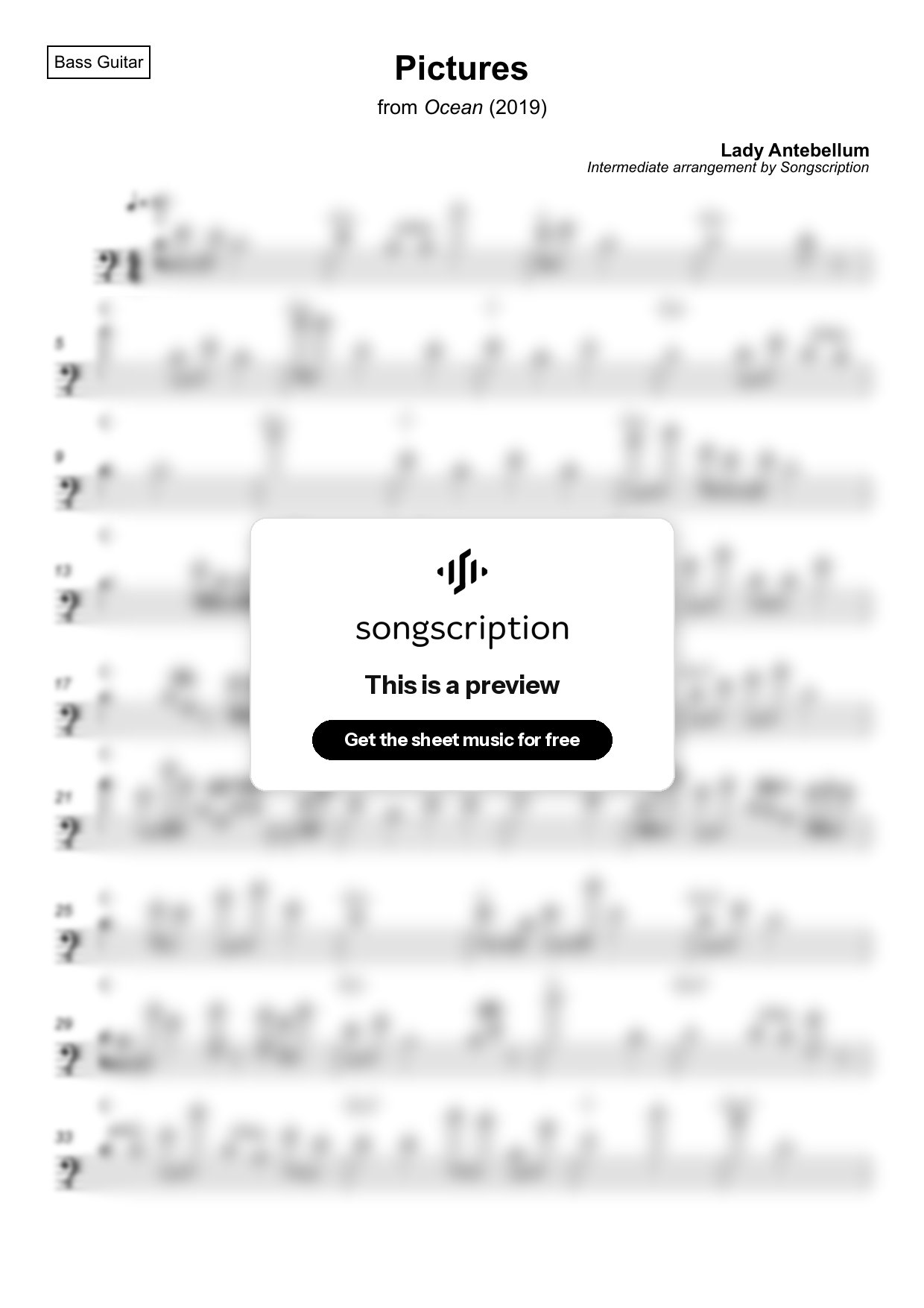 Intermediate Bass Guitar Sheet Music for "Pictures" by Lady Antebellum