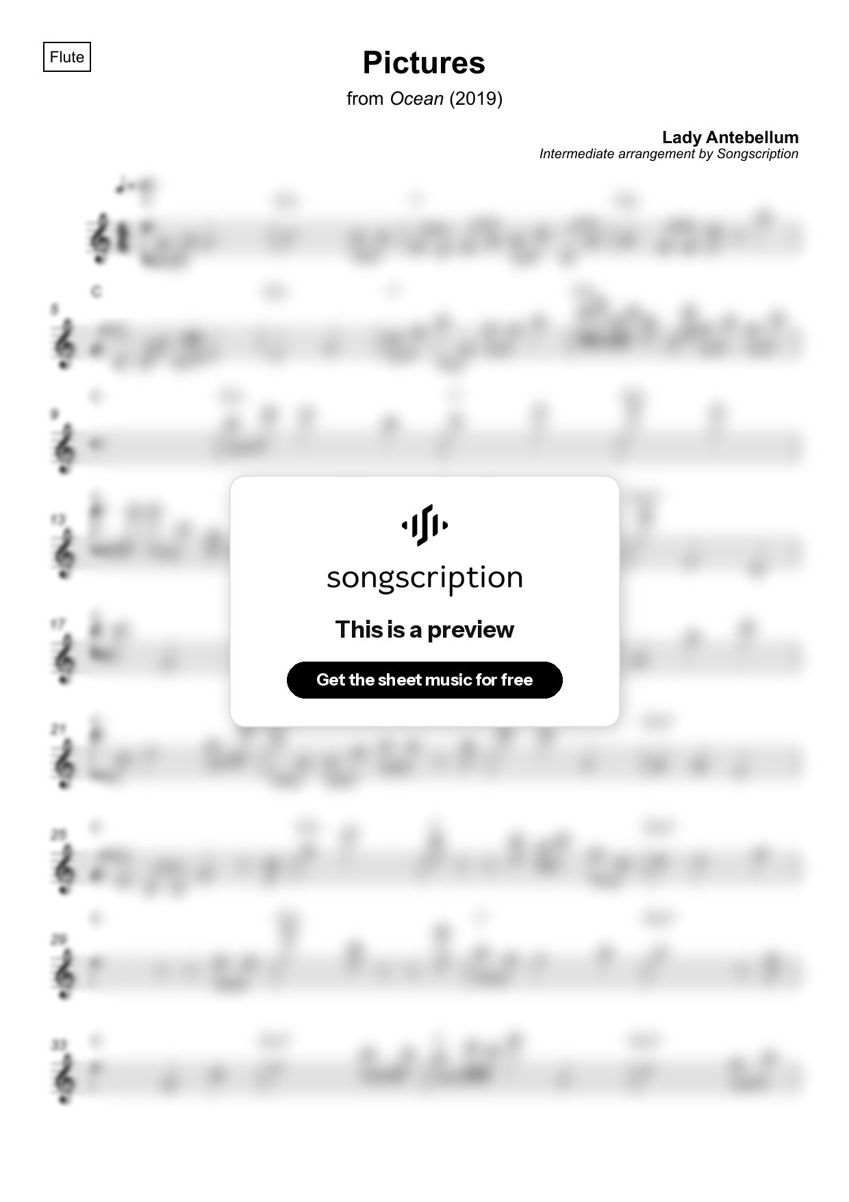 Intermediate Flute Sheet Music for "Pictures" by Lady Antebellum