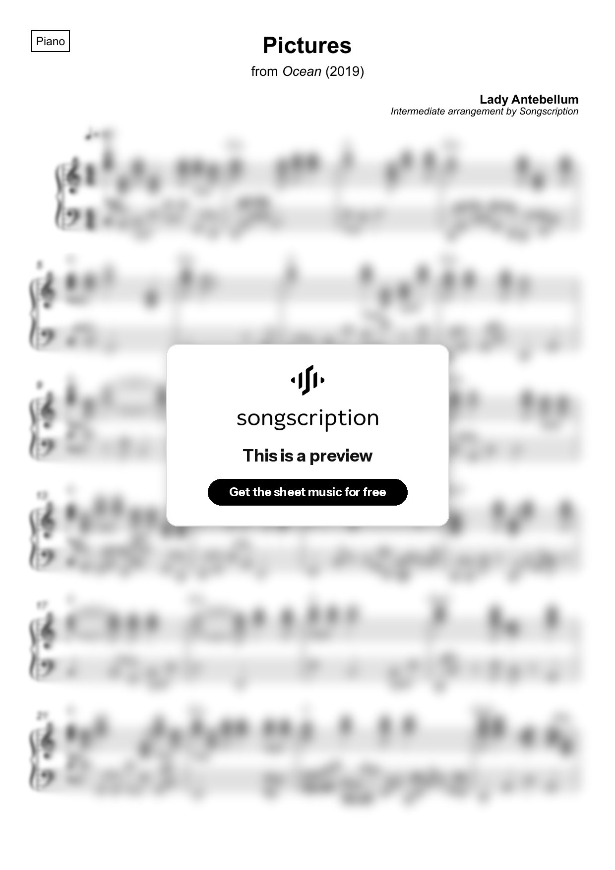 Intermediate Piano Sheet Music for "Pictures" by Lady Antebellum