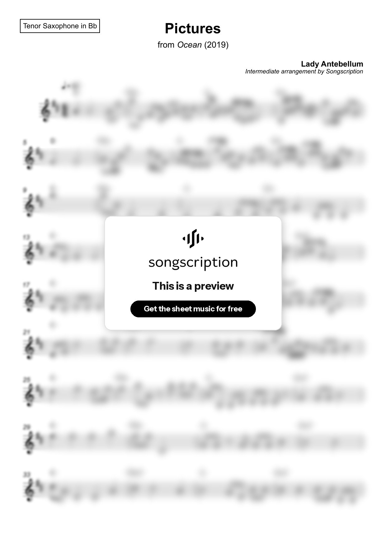 Intermediate Tenor Sax Sheet Music for "Pictures" by Lady Antebellum