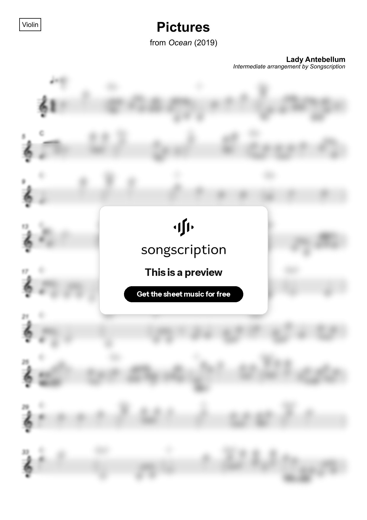 Intermediate Violin Sheet Music for "Pictures" by Lady Antebellum
