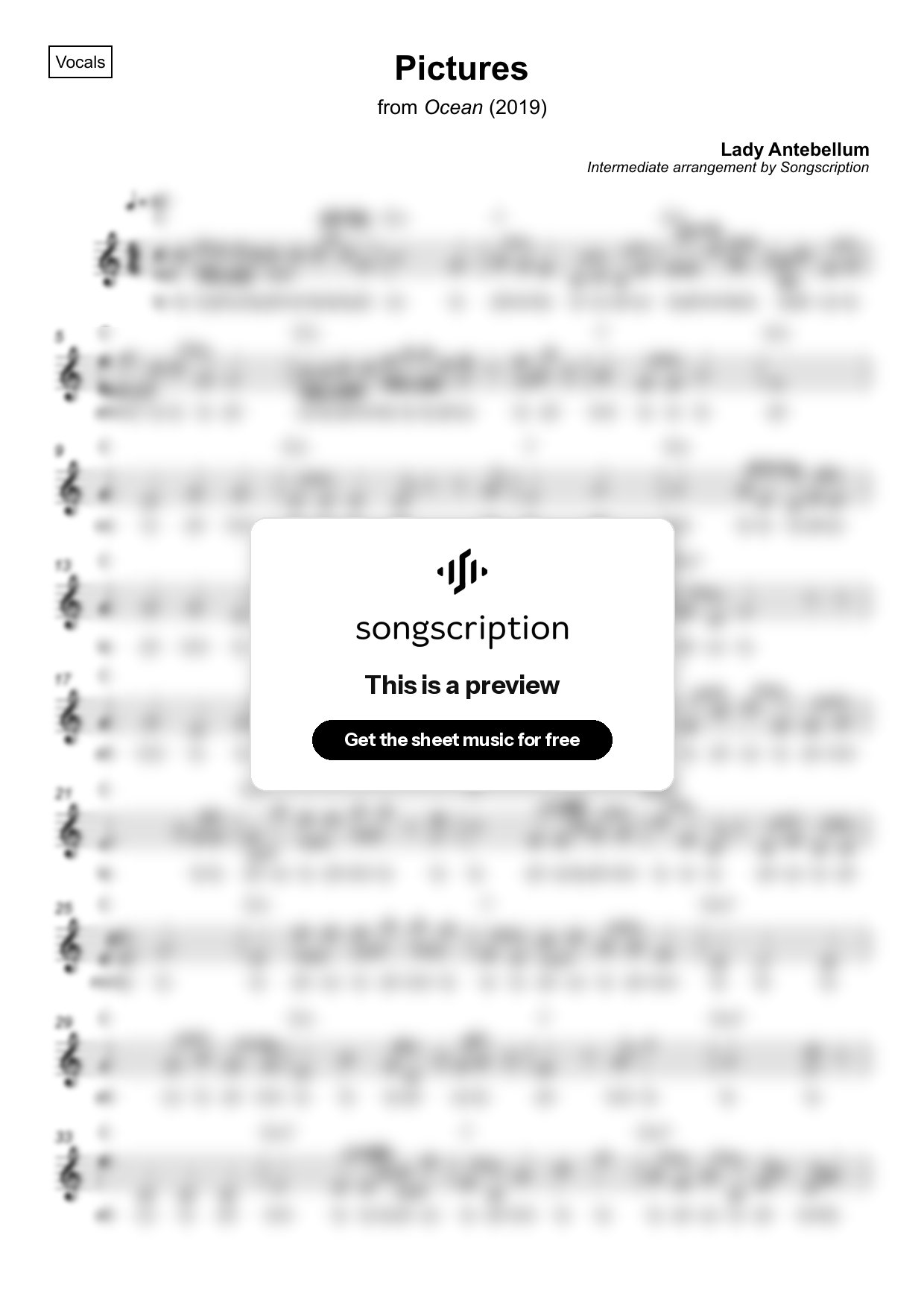 Intermediate Vocals Sheet Music for "Pictures" by Lady Antebellum