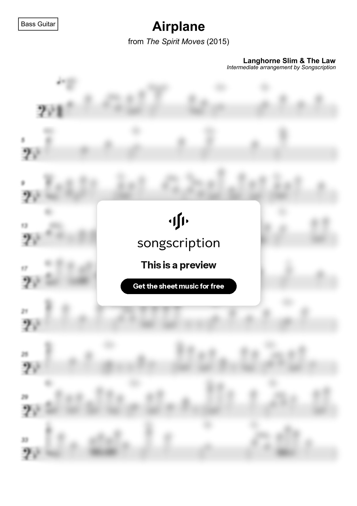 Intermediate Bass Guitar Sheet Music for "Airplane" by Langhorne Slim & The Law
