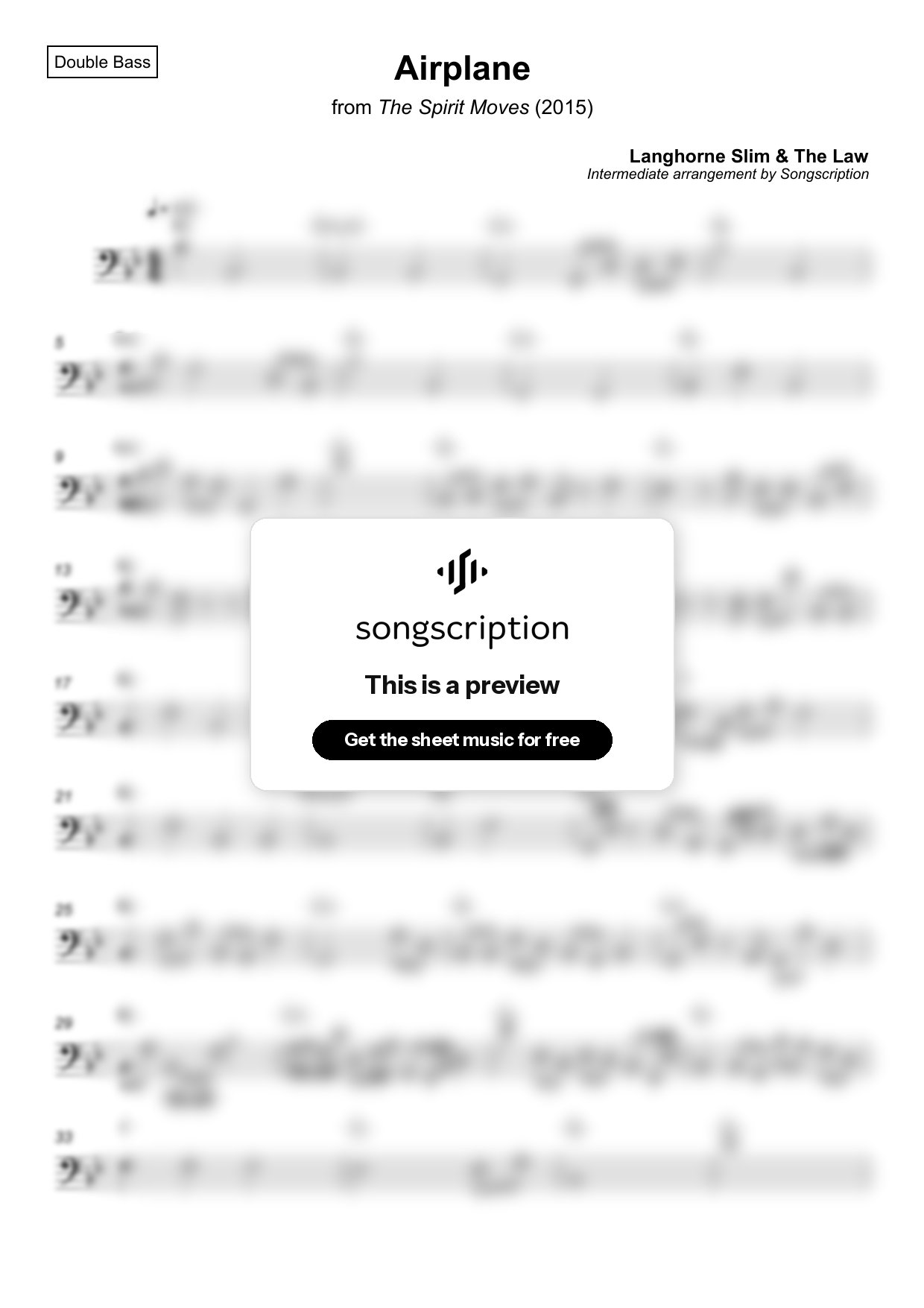 Intermediate Double Bass Sheet Music for "Airplane" by Langhorne Slim & The Law