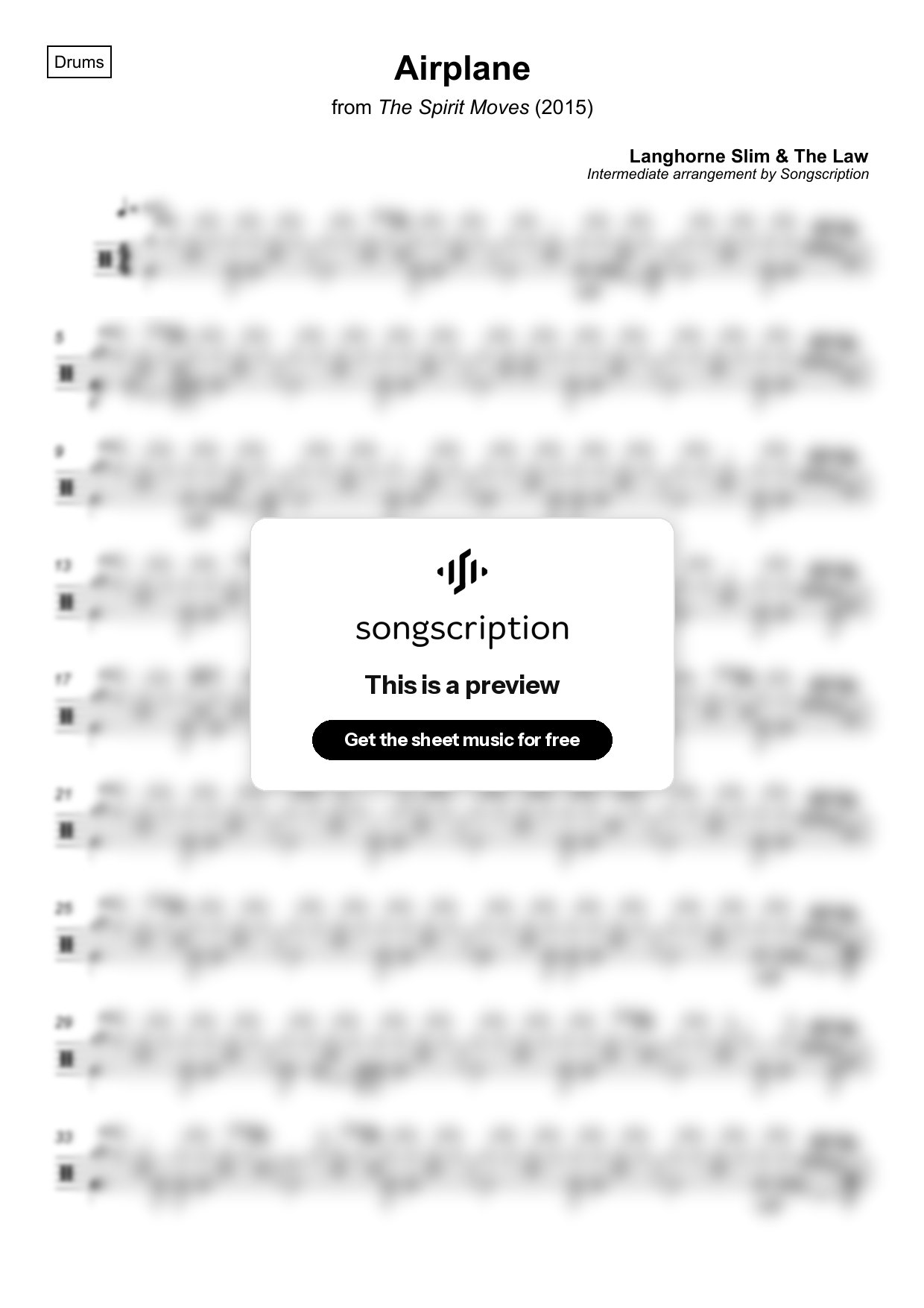 Intermediate Drums Sheet Music for "Airplane" by Langhorne Slim & The Law