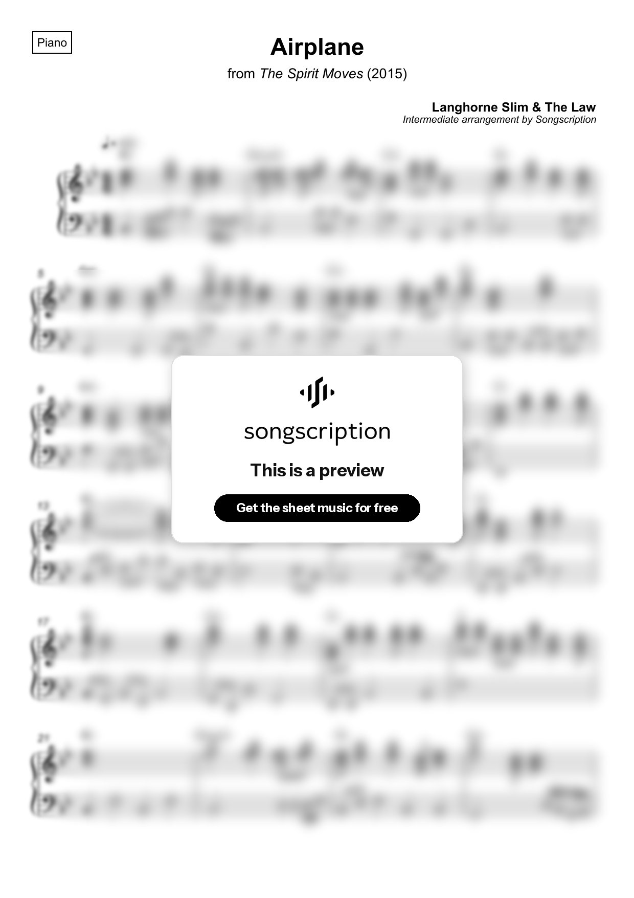 Intermediate Piano Sheet Music for "Airplane" by Langhorne Slim & The Law