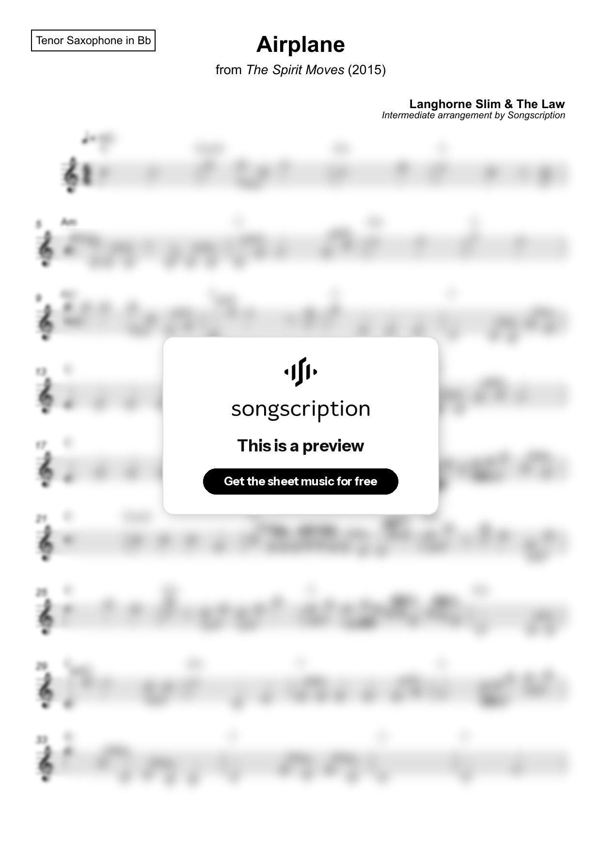 Intermediate Tenor Sax Sheet Music for "Airplane" by Langhorne Slim & The Law