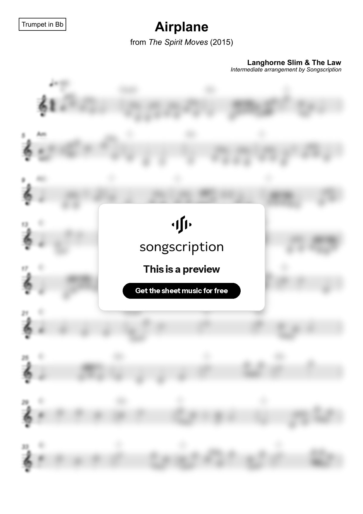 Intermediate Trumpet Sheet Music for "Airplane" by Langhorne Slim & The Law
