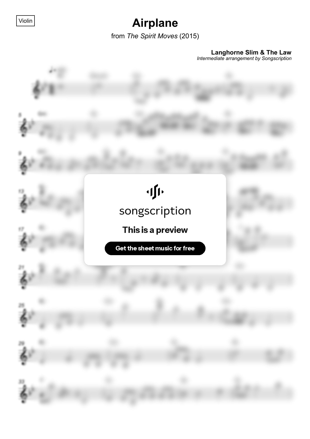 Intermediate Violin Sheet Music for "Airplane" by Langhorne Slim & The Law