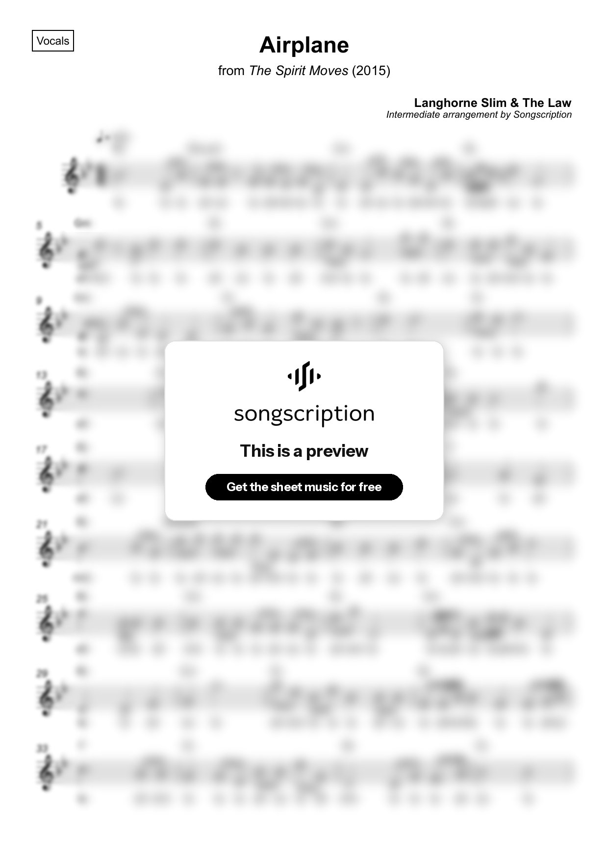 Intermediate Vocals Sheet Music for "Airplane" by Langhorne Slim & The Law