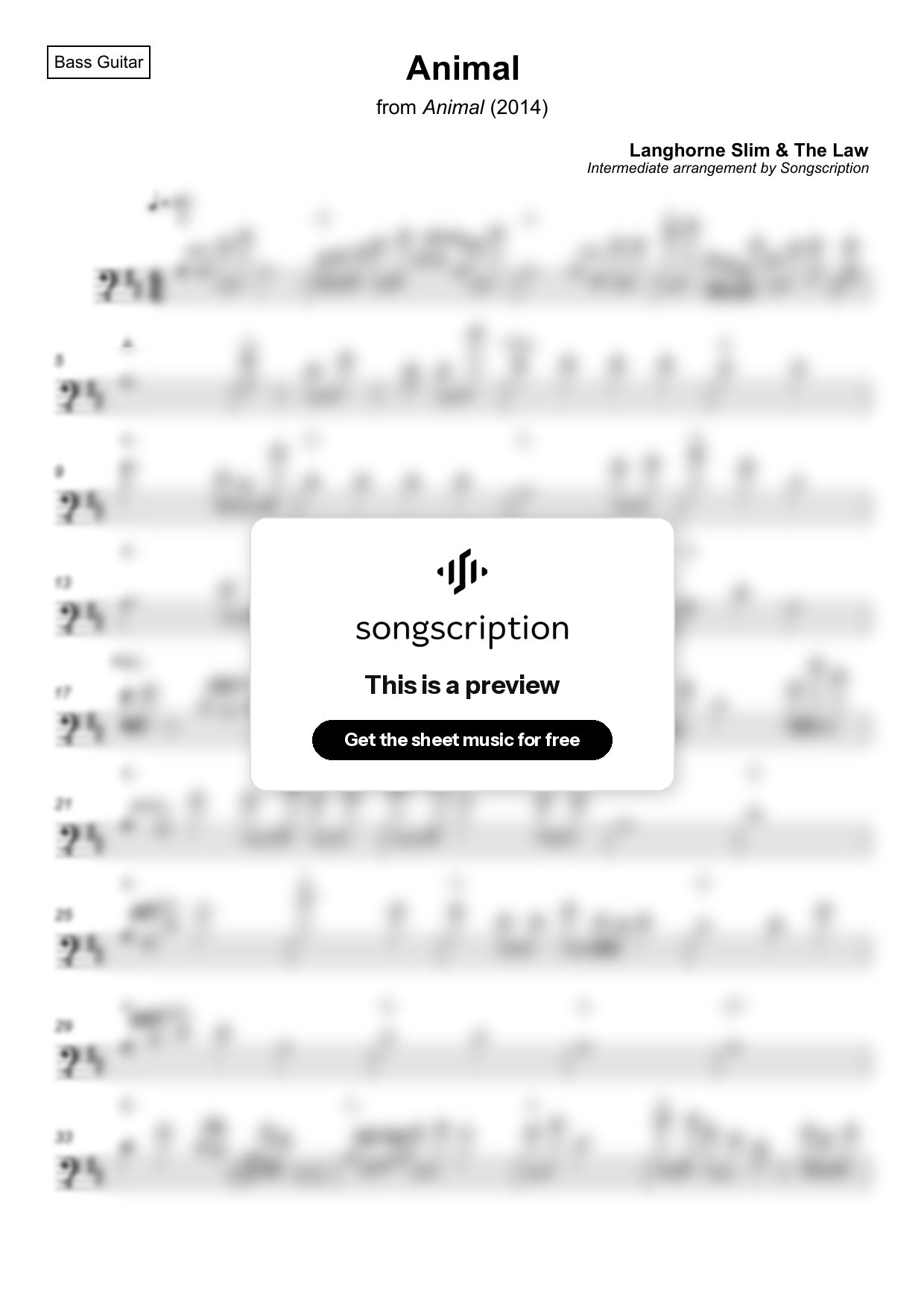 Intermediate Bass Guitar Sheet Music for "Animal" by Langhorne Slim & The Law