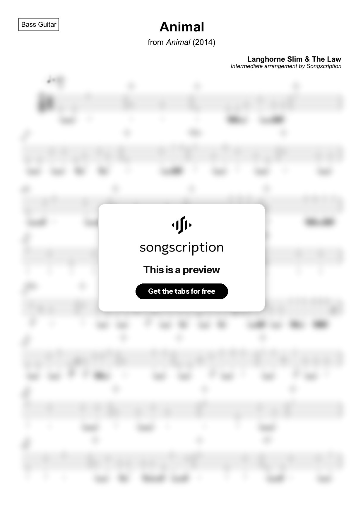 Intermediate Bass Guitar Tabs for "Animal" by Langhorne Slim & The Law
