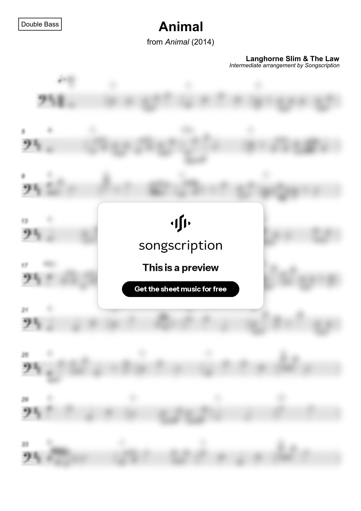 Intermediate Double Bass Sheet Music for "Animal" by Langhorne Slim & The Law