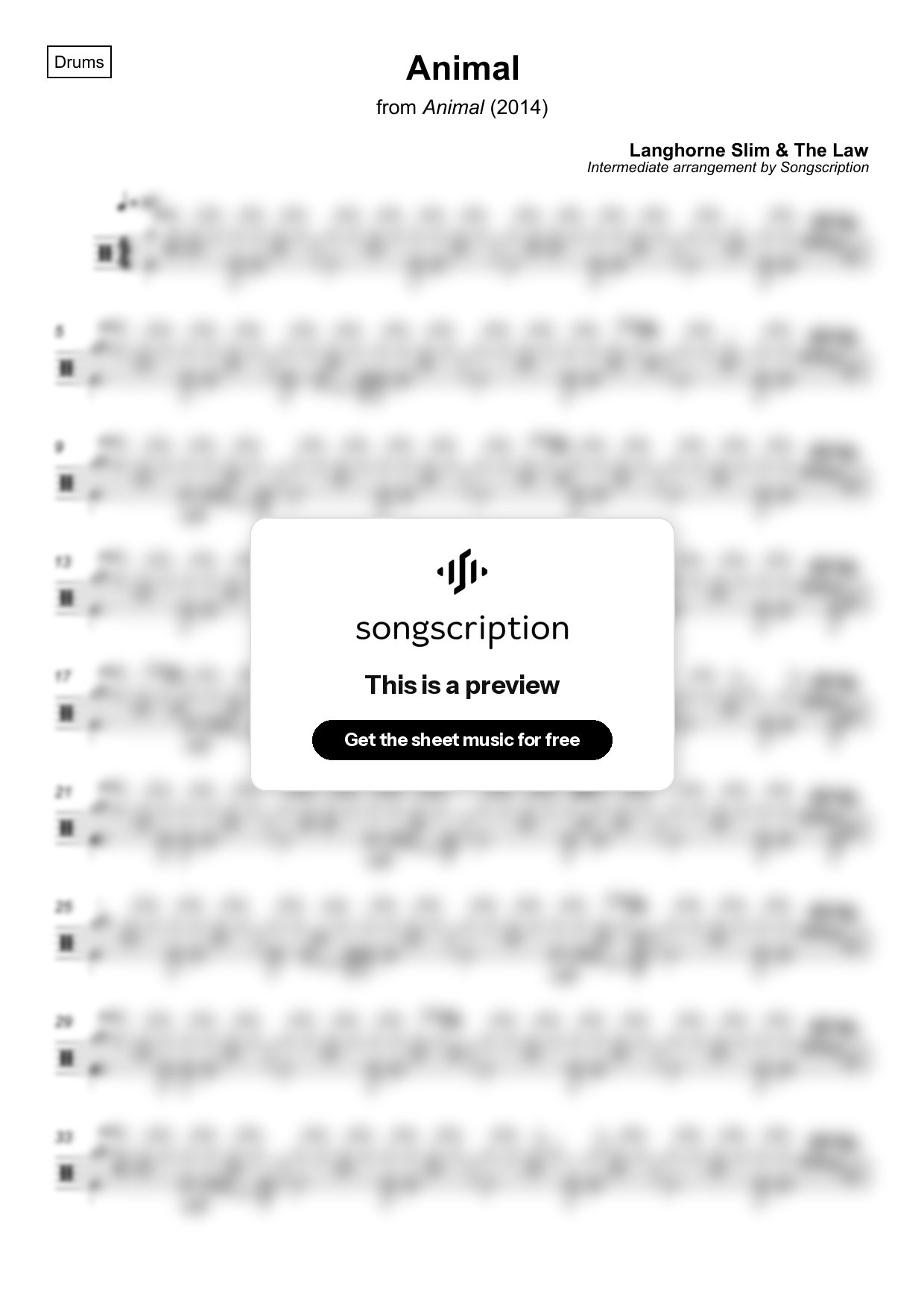 Intermediate Drums Sheet Music for "Animal" by Langhorne Slim & The Law