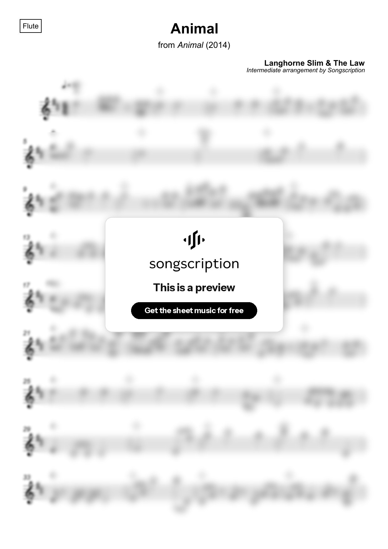 Intermediate Flute Sheet Music for "Animal" by Langhorne Slim & The Law