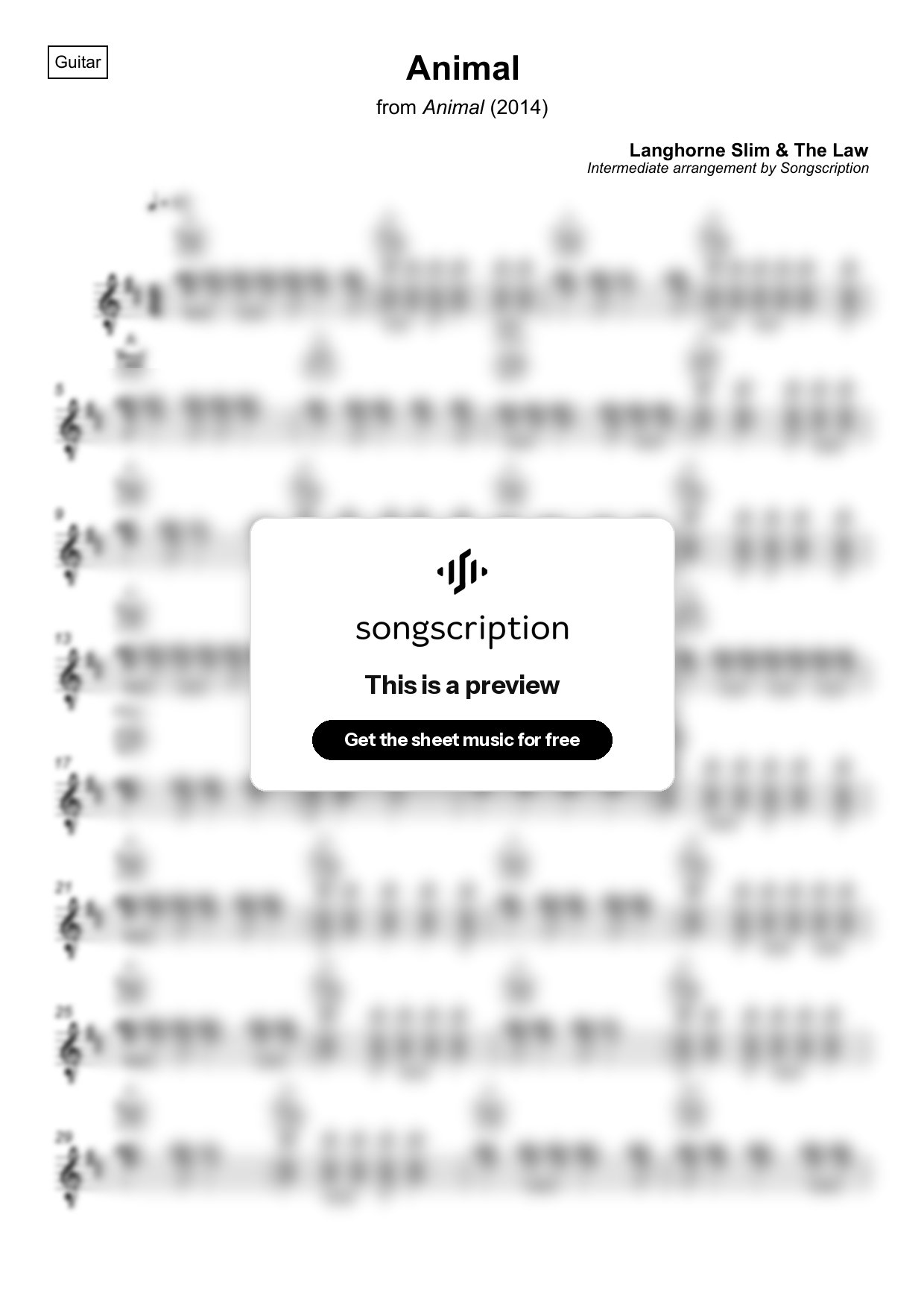 Intermediate Acoustic Guitar Sheet Music for "Animal" by Langhorne Slim & The Law