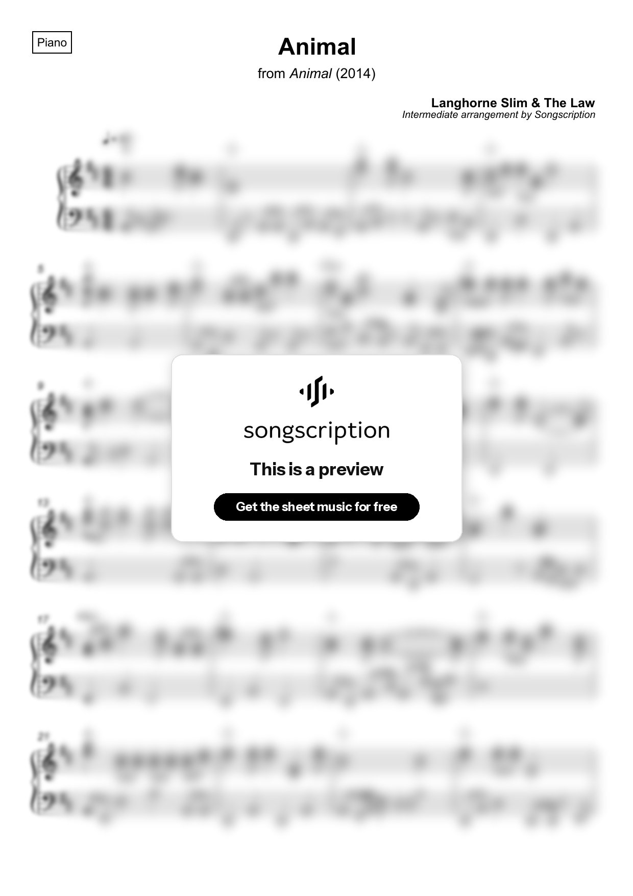 Intermediate Piano Sheet Music for "Animal" by Langhorne Slim & The Law