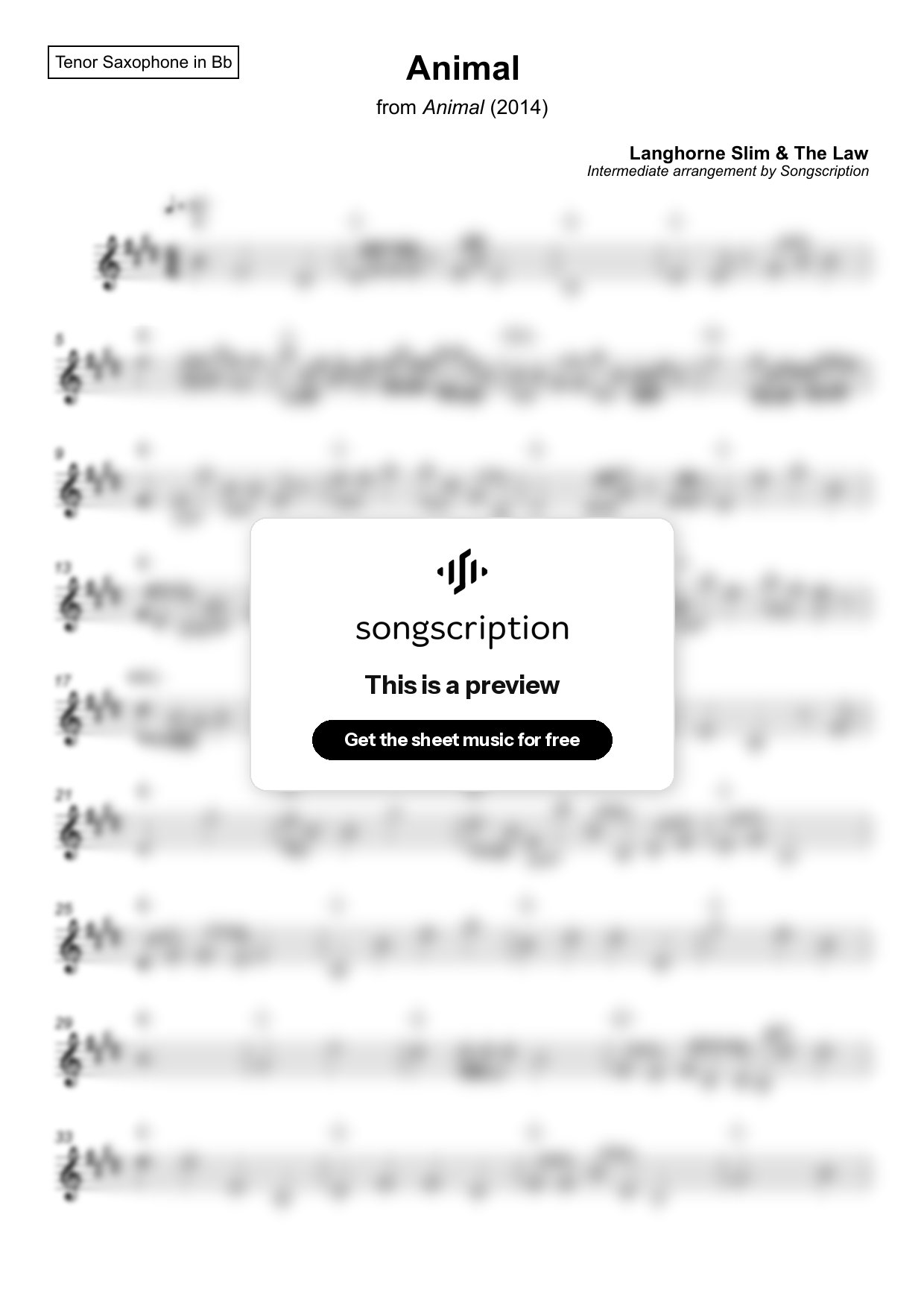 Intermediate Tenor Sax Sheet Music for "Animal" by Langhorne Slim & The Law