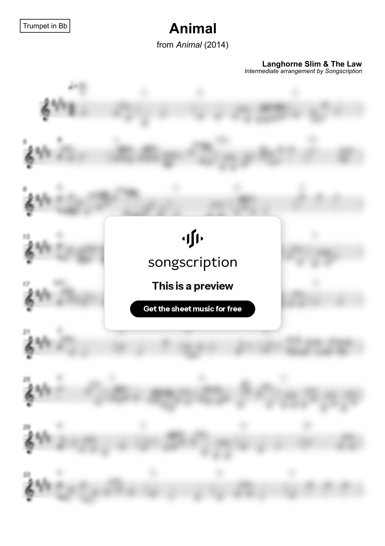 Intermediate Trumpet Sheet Music for "Animal" by Langhorne Slim & The Law