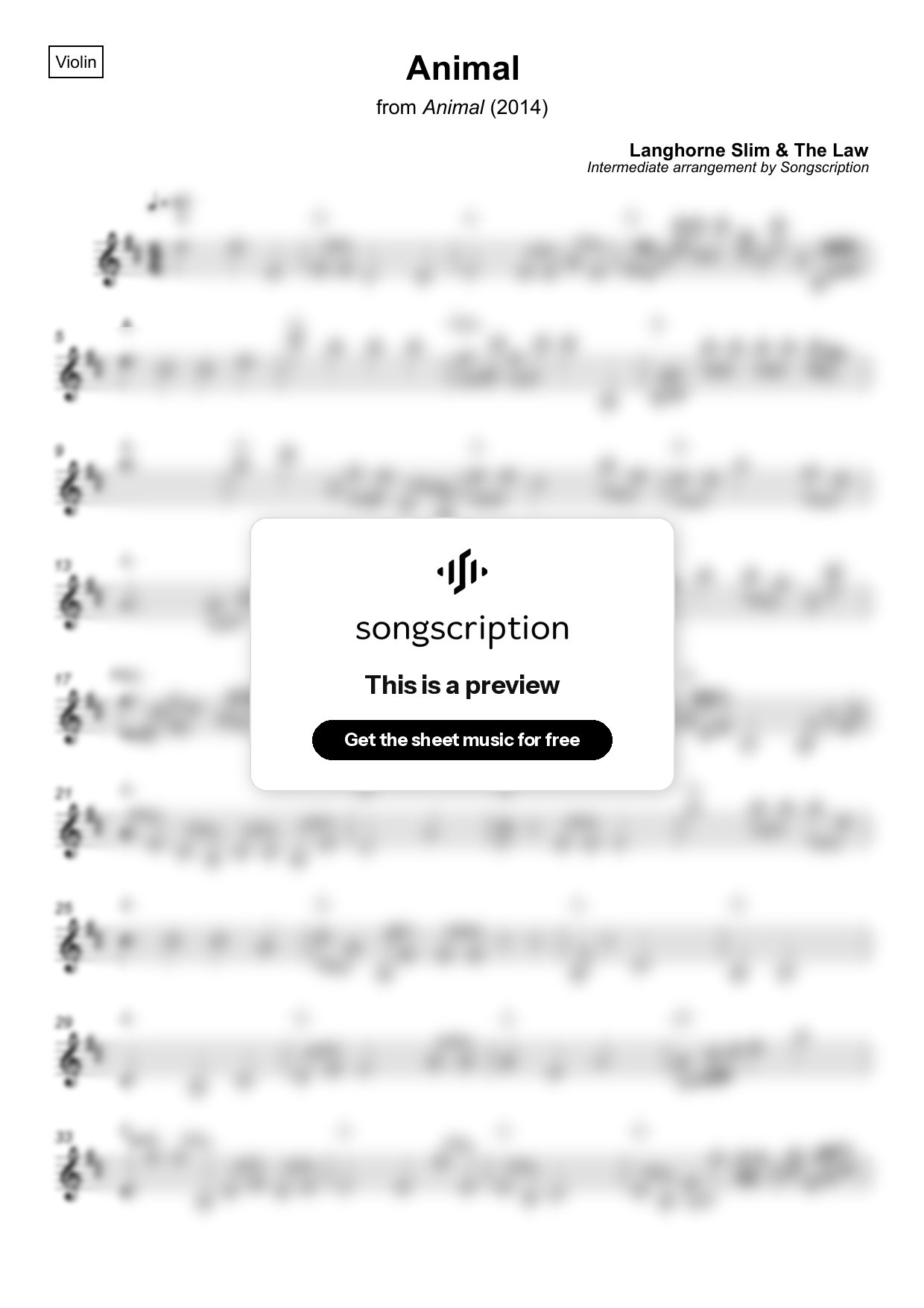 Intermediate Violin Sheet Music for "Animal" by Langhorne Slim & The Law